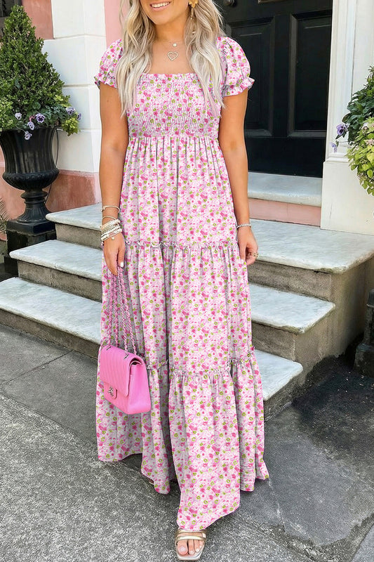 Pink Floral Short Bubble Sleeve Shirred High Waist Maxi Dress