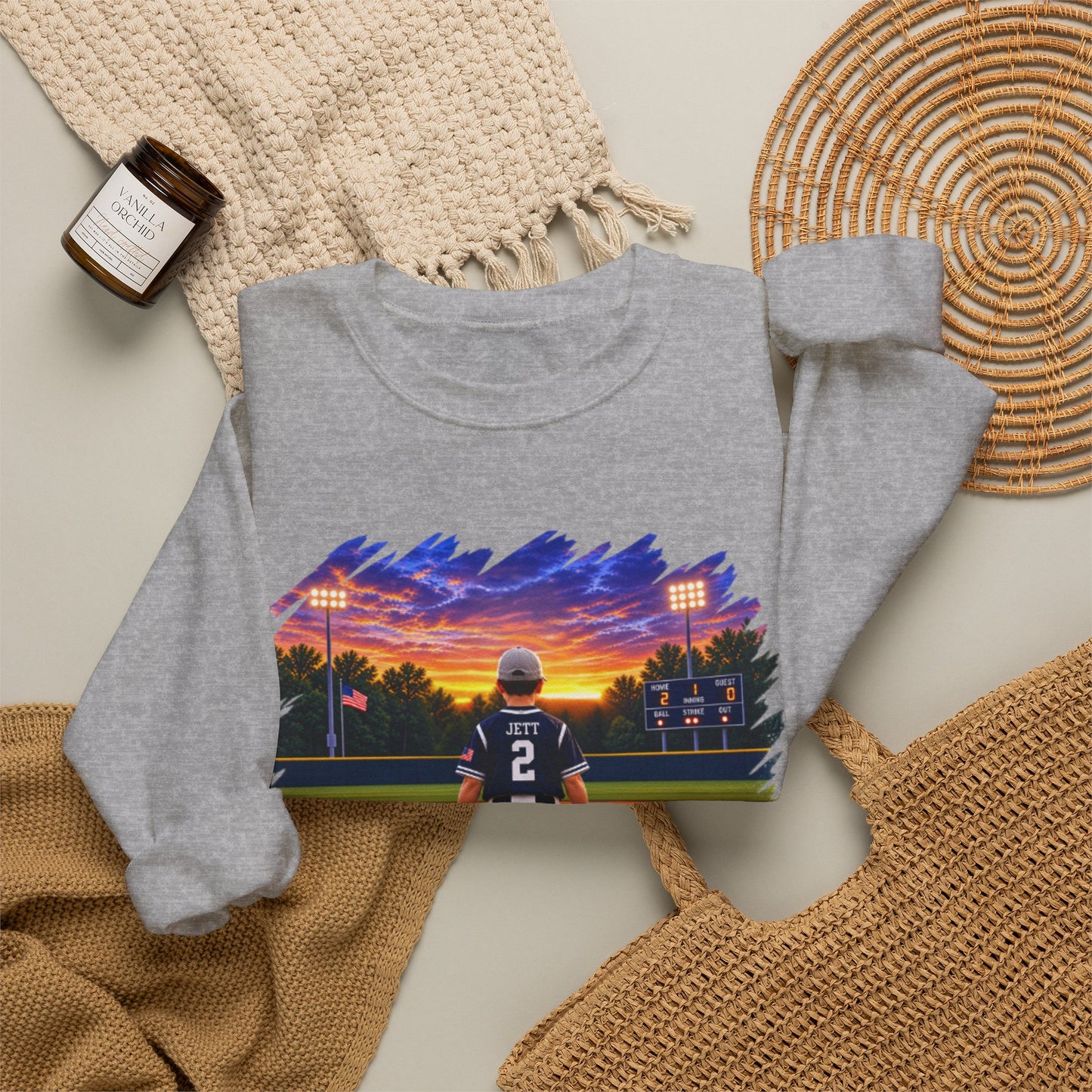 *** SPECIAL REQUEST - MORGAN JETT - GILDAN - Baseball Player Sunset Crewneck Sweatshirt — "Go Jack!" Team Spirit Crew