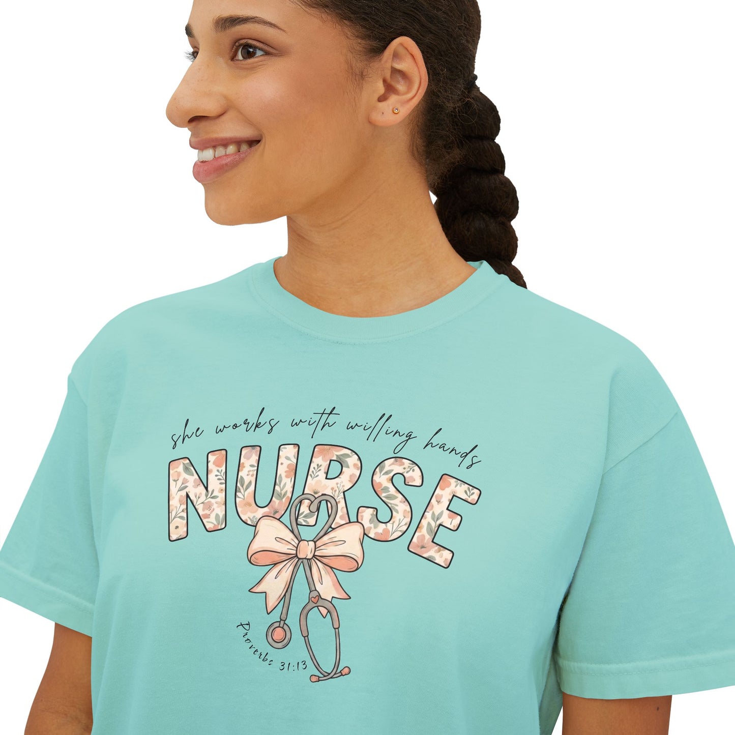 COMFORT COLOR - Nurse Boxy Tee — Floral Stethoscope Graphic for Women, "Nurse" Gift