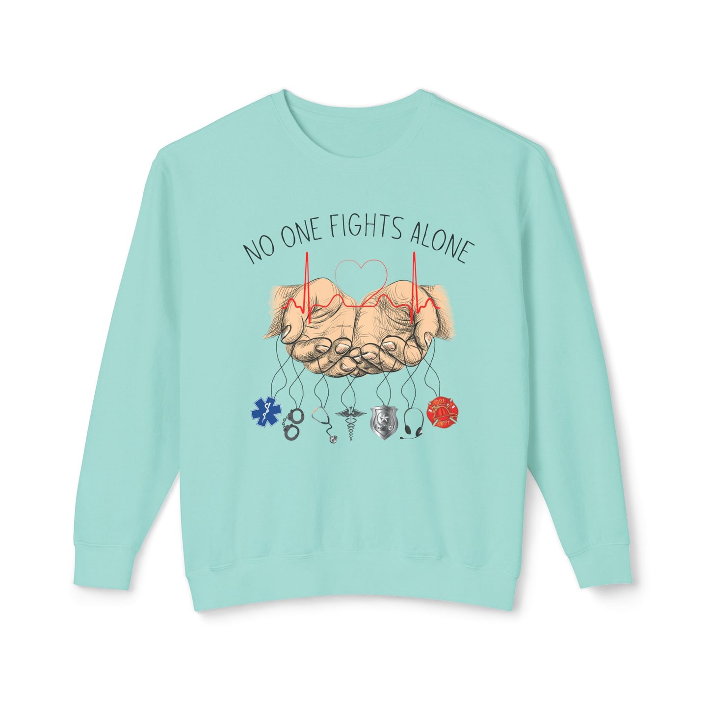 COMFORT COLORS -Crewneck Sweatshirt — "No One Fights Alone" Hands & Medical Symbols Support Pullover
