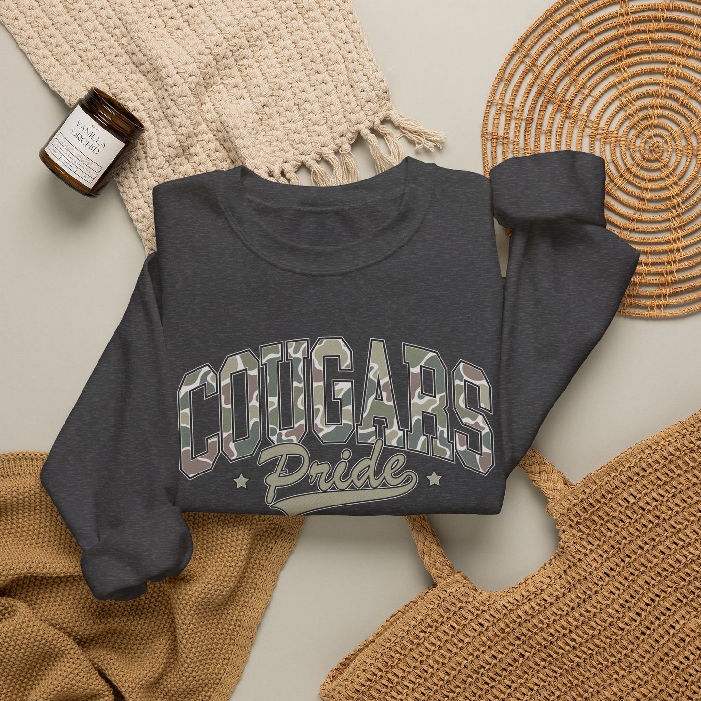 GILDAN - Cougars Pride Crewneck Sweatshirt — Vintage Camo School Spirit Pullover