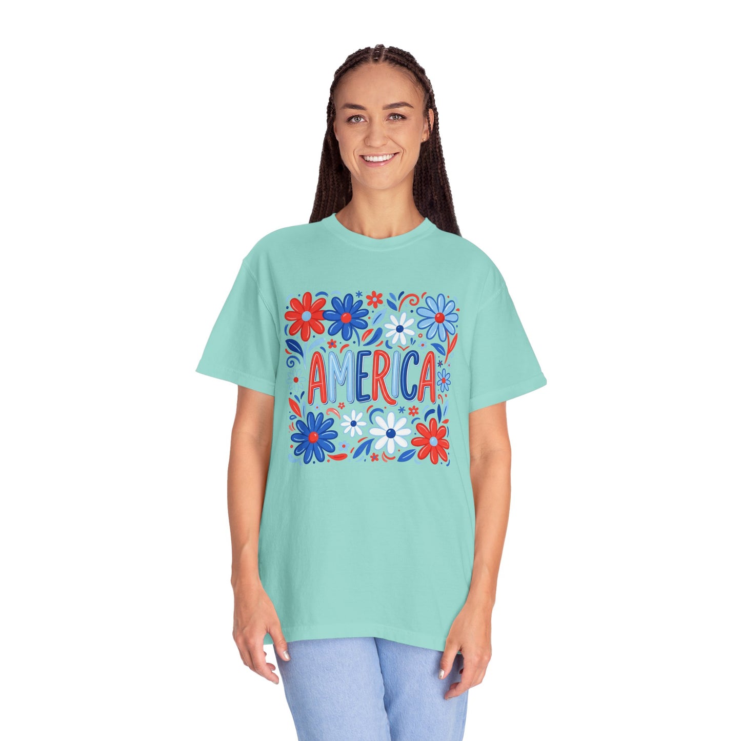 COMFORT COLORS - America Floral T-Shirt — Red, White & Blue Patriotic Tee