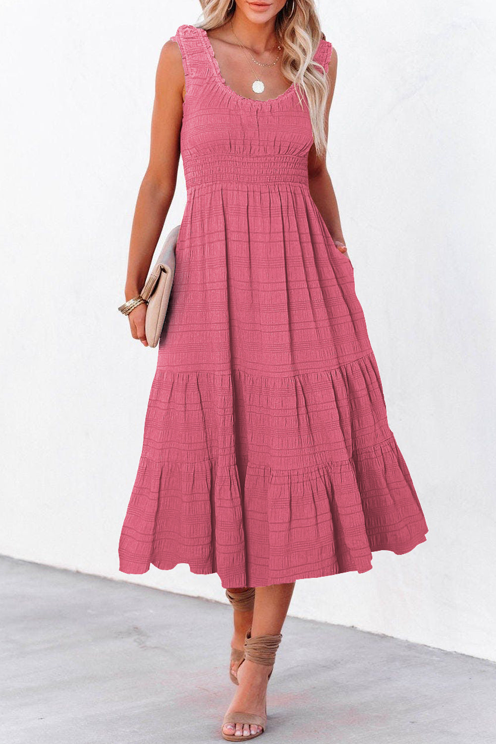 Green Shirred Pleated Square Neck Sleeveless Midi Dress