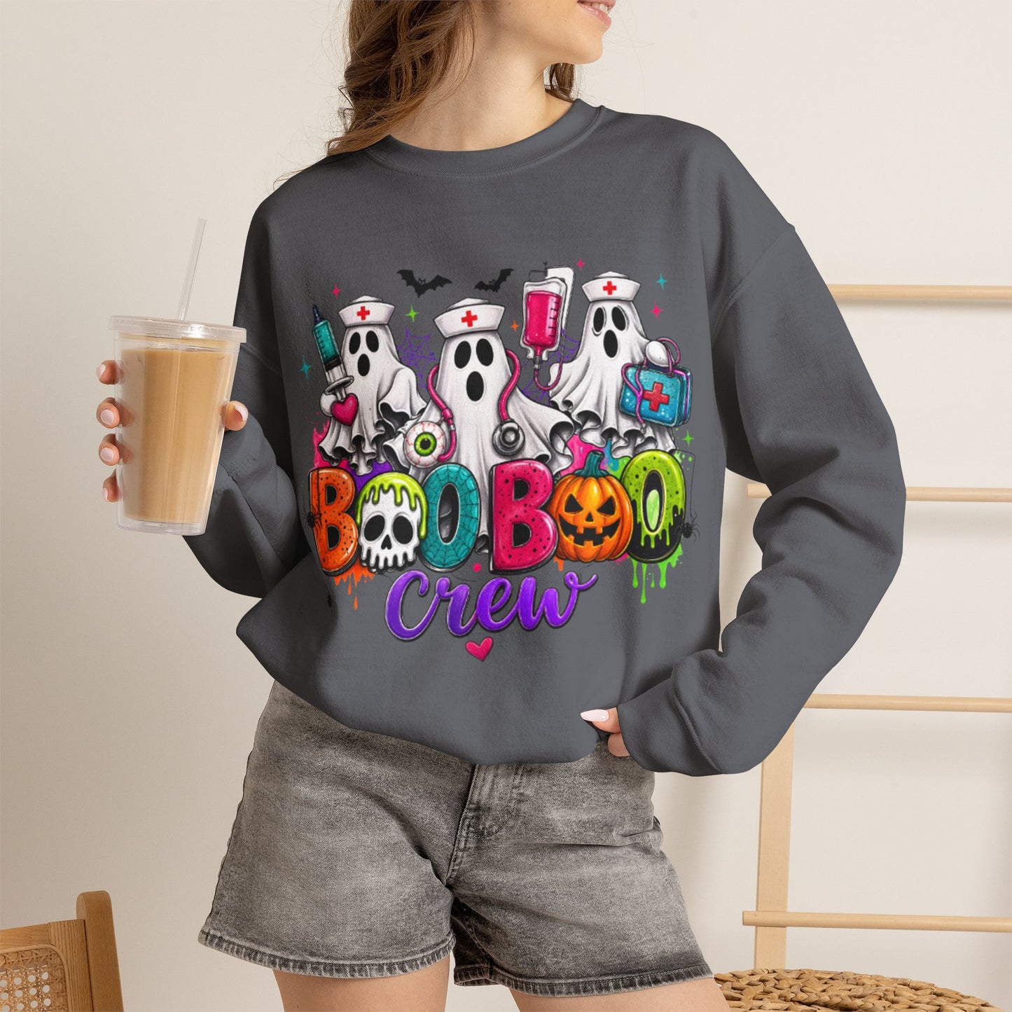 GILDAN - Boo Boo Crew Sweatshirt — Cute Nurse Ghosts Halloween Crewneck