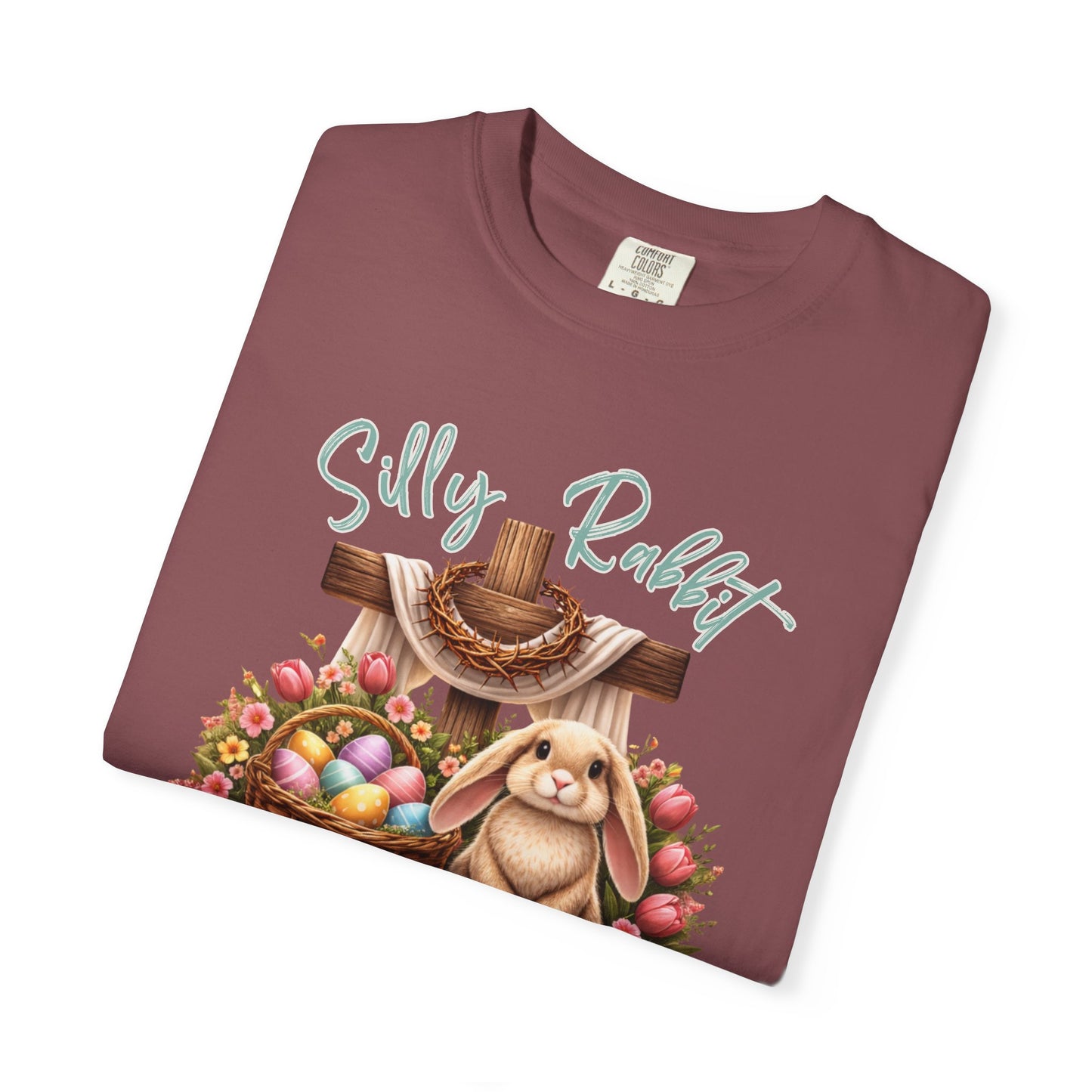 COMFORT COLORS -  Silly Rabbit Easter Bunny T-shirt | Pastel Eggs, Basket, Cross Back Print
