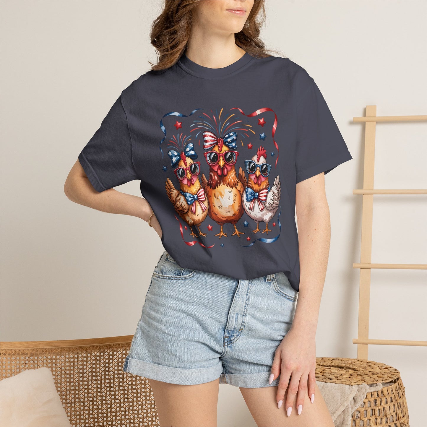 COMFORT COLORS - Patriotic Chickens T-Shirt — 4th of July Farm Animal Graphic Tee
