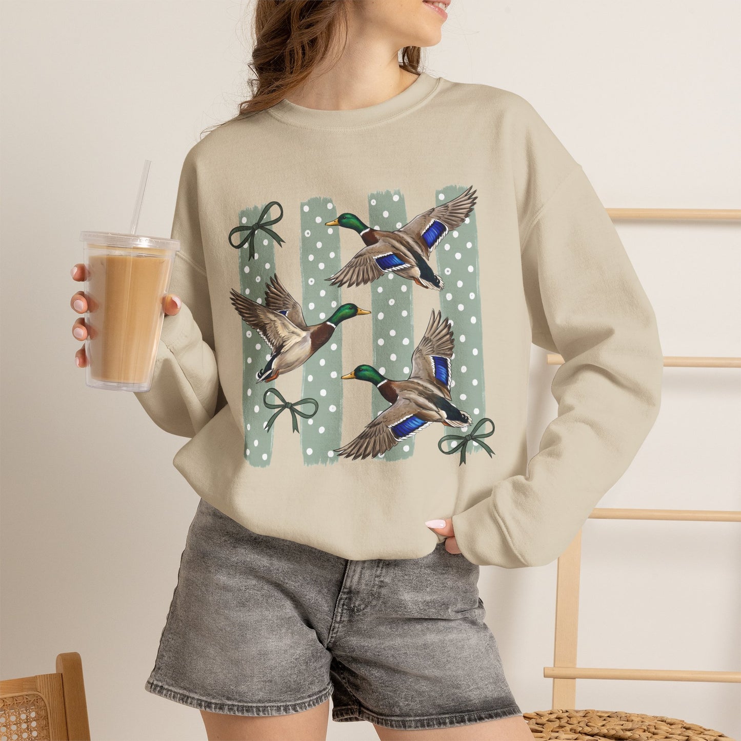 GILDAN - Mallard Duck Crewneck Sweatshirt — Polka Dot Stripe Waterfowl Graphic