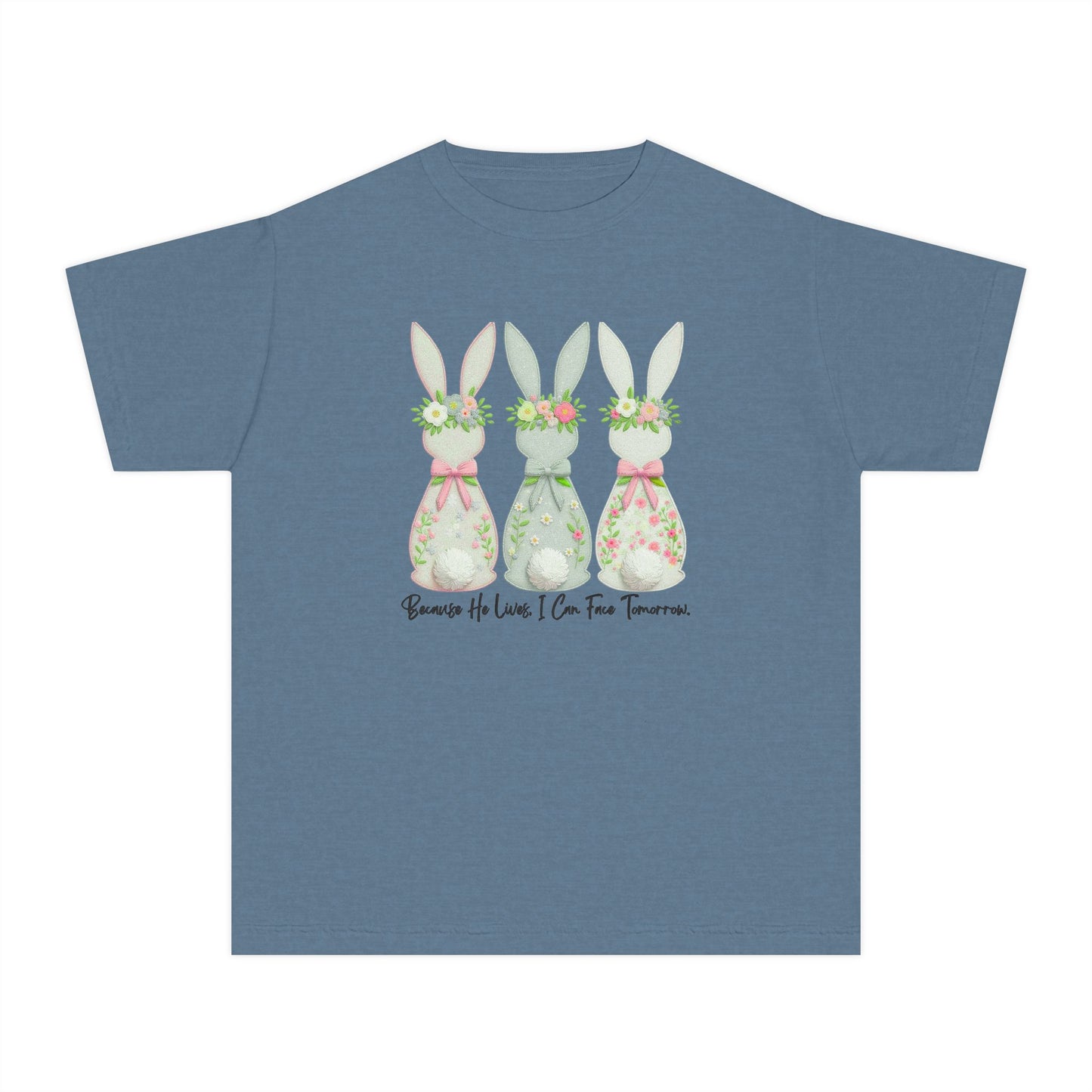 COMFORT COLORS - Easter Floral Bunny Youth Tee — 'Because He Lives'