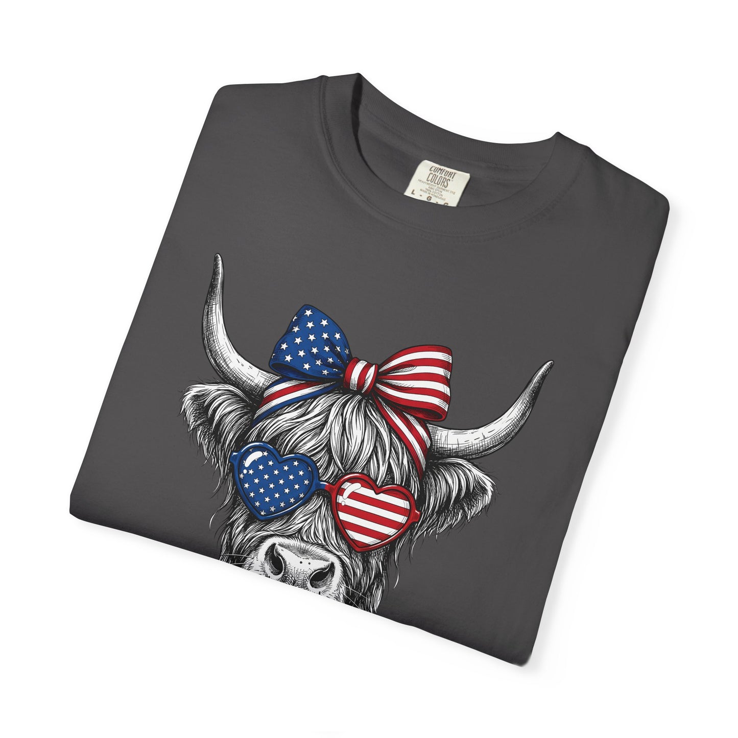 COMFORT COLORS - Patriotic Highland Cow T-Shirt — American Flag Heart Sunglasses