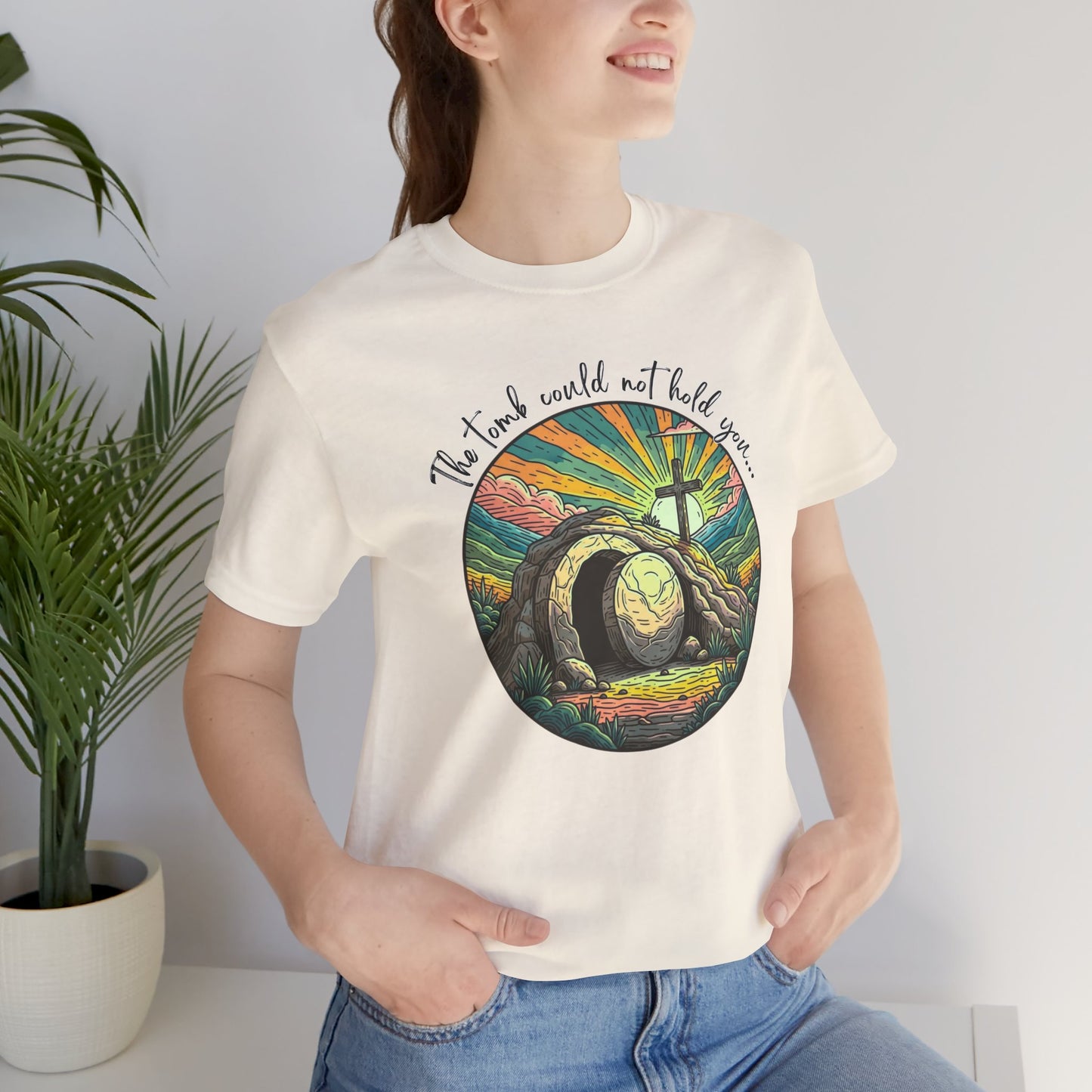 BELLA CANVAS - Easter Sunrise T-Shirt — He Is Risen Tomb & Cross Christian Tee