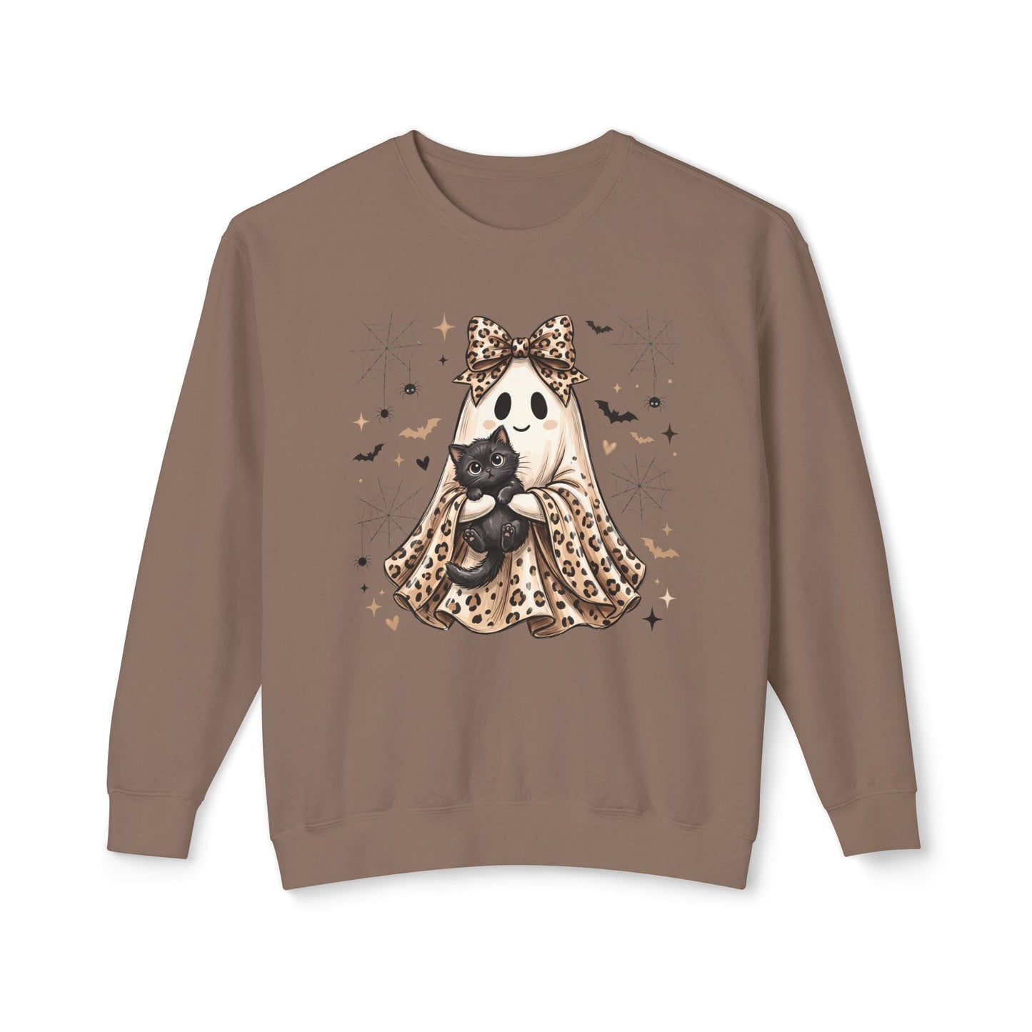 COMFORT COLORS - Leopard Bow Ghost Sweatshirt — Cute Halloween Ghost Holding Black Cat