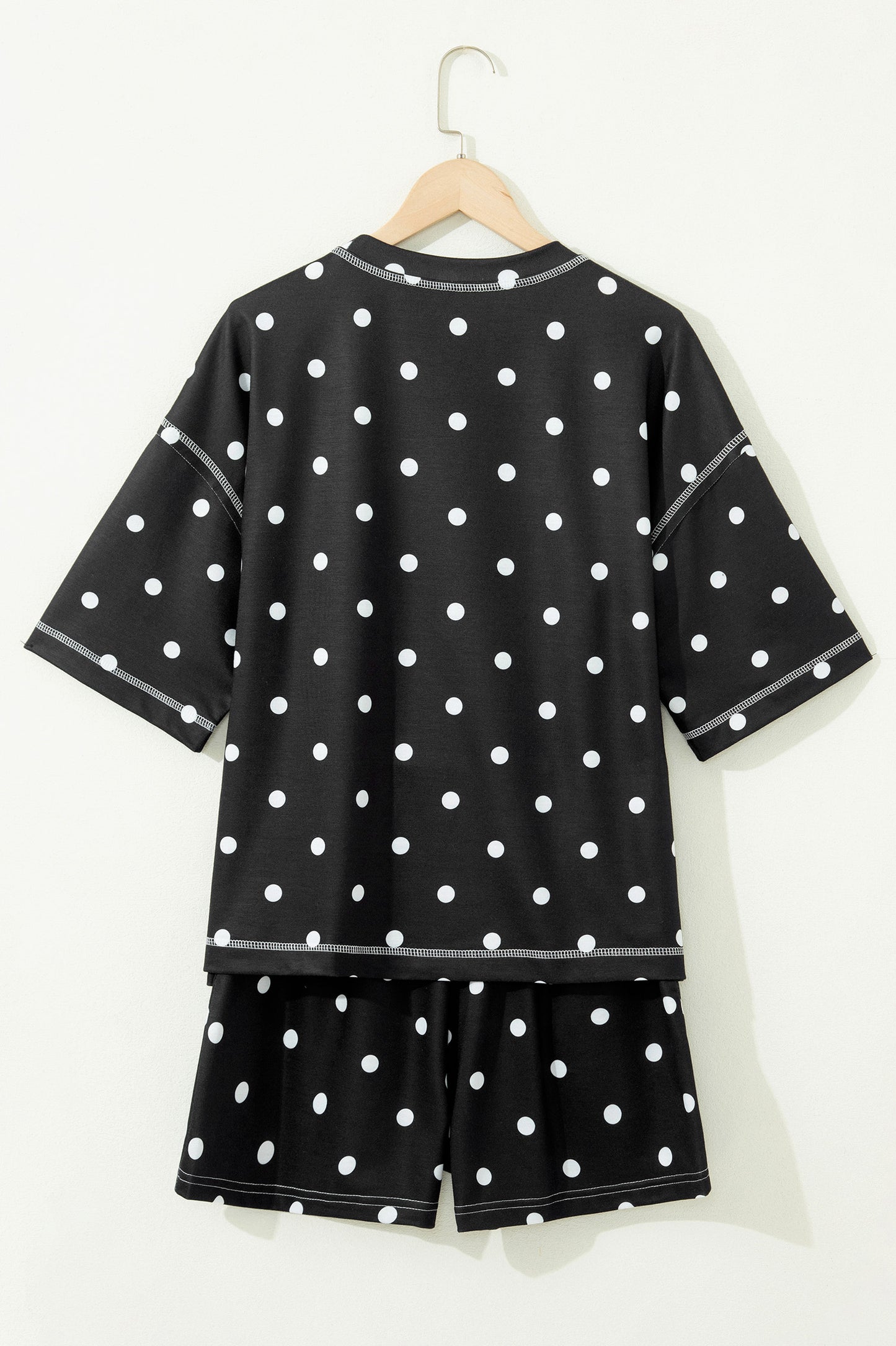 Sky Blue Exposed Seam Detail Polka Dot Loose Tee Drawstring Shorts Set