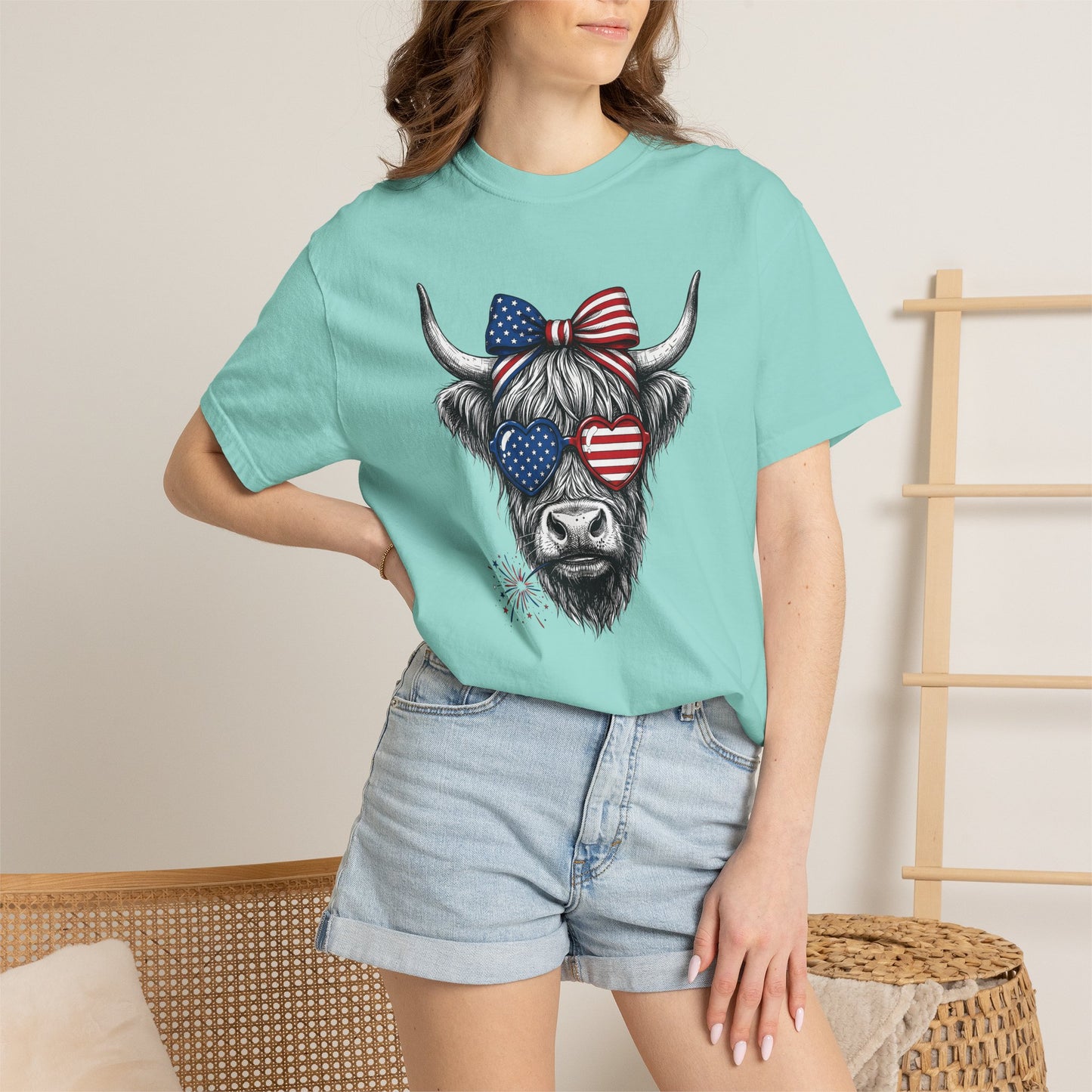 COMFORT COLORS - Patriotic Highland Cow T-Shirt — American Flag Heart Sunglasses