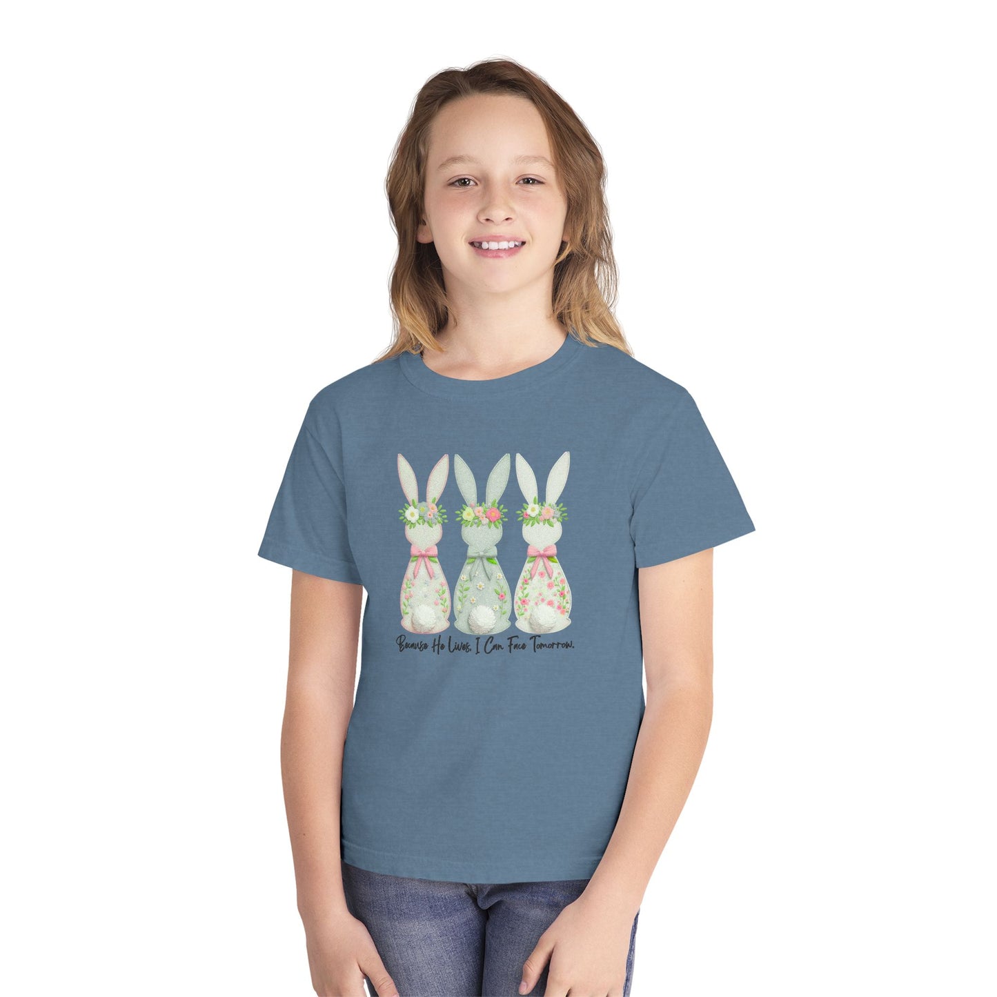 COMFORT COLORS - Easter Floral Bunny Youth Tee — 'Because He Lives'