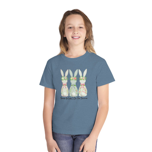 COMFORT COLORS - Easter Floral Bunny Youth Tee — 'Because He Lives'