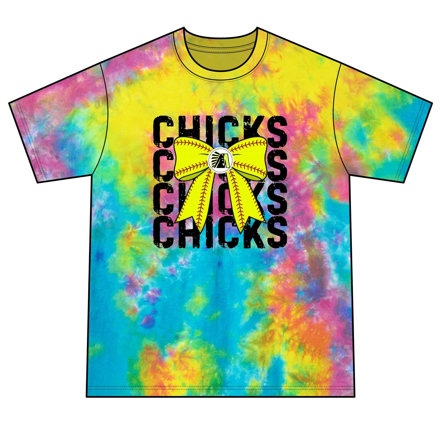 Chicks Tie-Dye Tee — Yellow Bow Graphic Soft Cotton Shirt