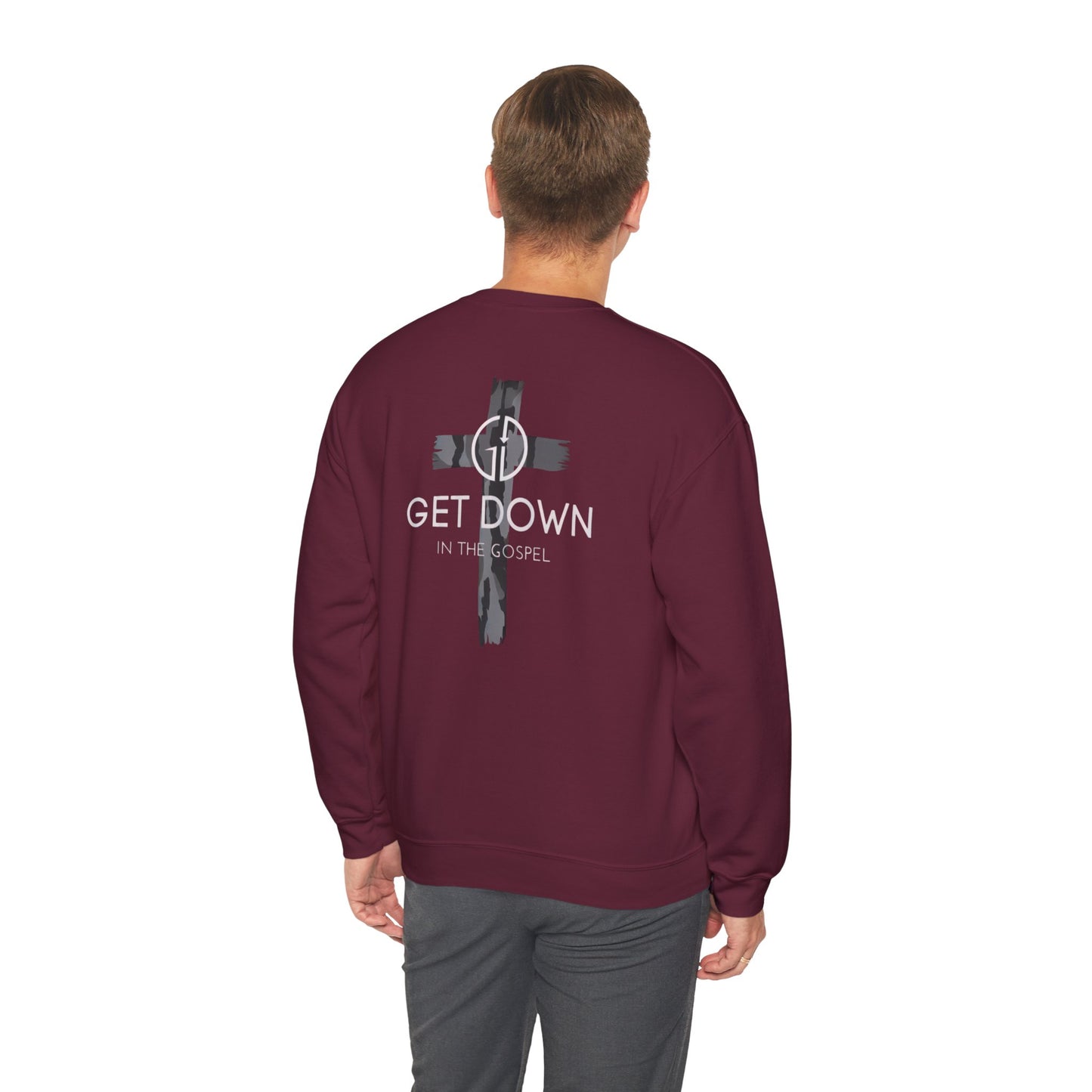 GILDAN - GET DOWN IN THE GOSPEL ADULT SWEATSHIRT GRAY CAMO CROSS