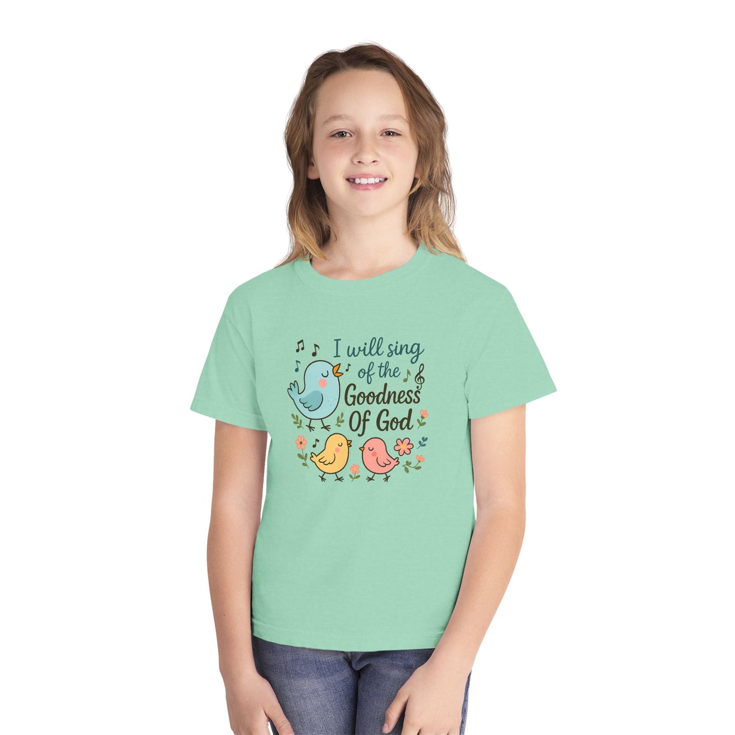 COMFORT COLORS - Youth Tee — "I Will Sing of the Goodness of God" Cute Bird Christian Kids Shirt