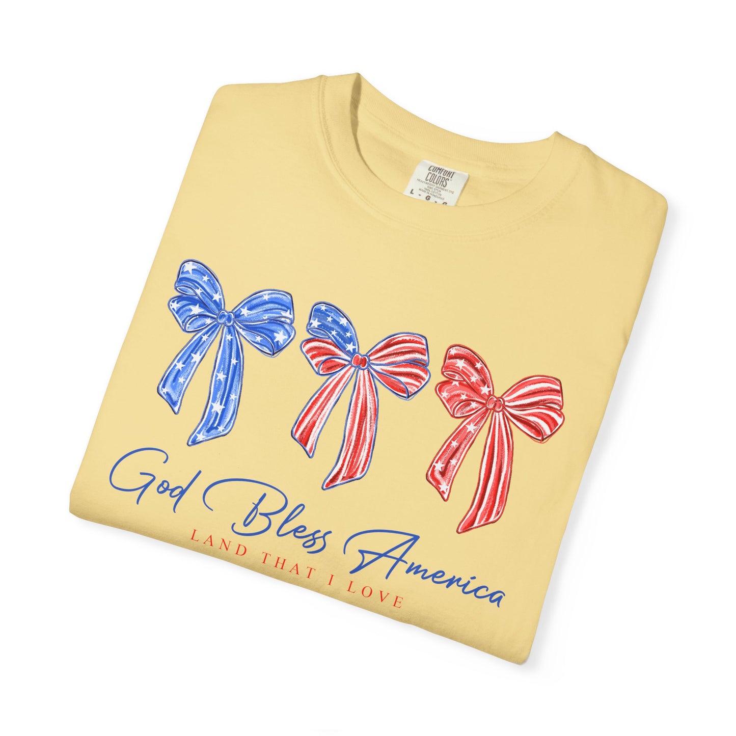 God Bless America Patriotic T-Shirt — Red, White & Blue Bow Design