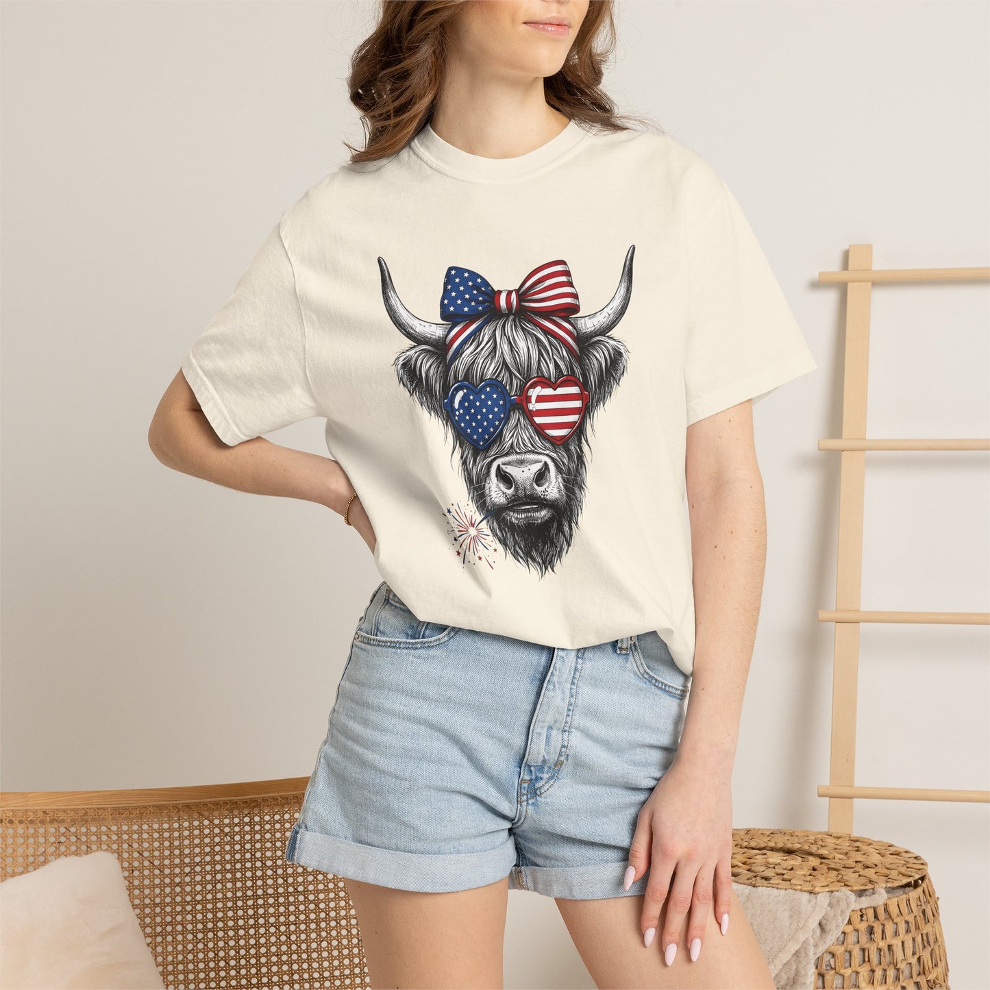 COMFORT COLORS - Patriotic Highland Cow T-Shirt — American Flag Heart Sunglasses
