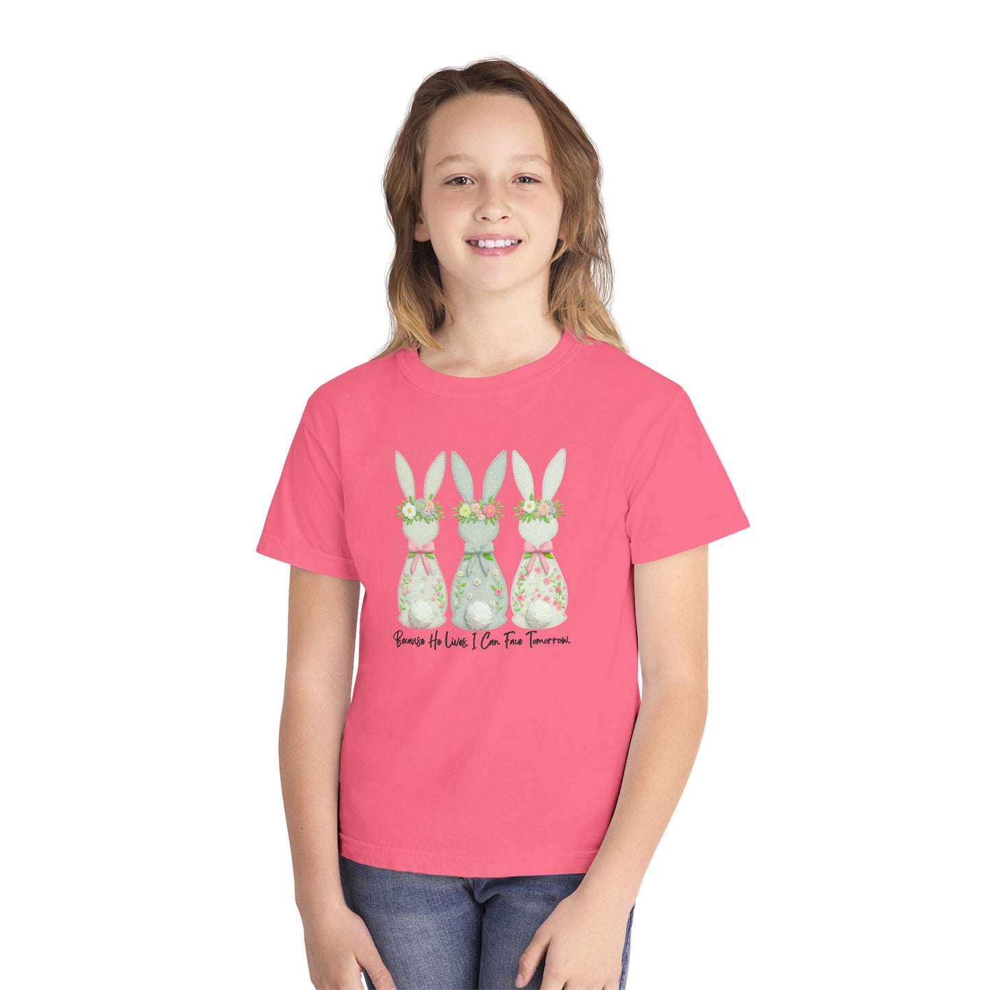 COMFORT COLORS - Easter Floral Bunny Youth Tee — 'Because He Lives'