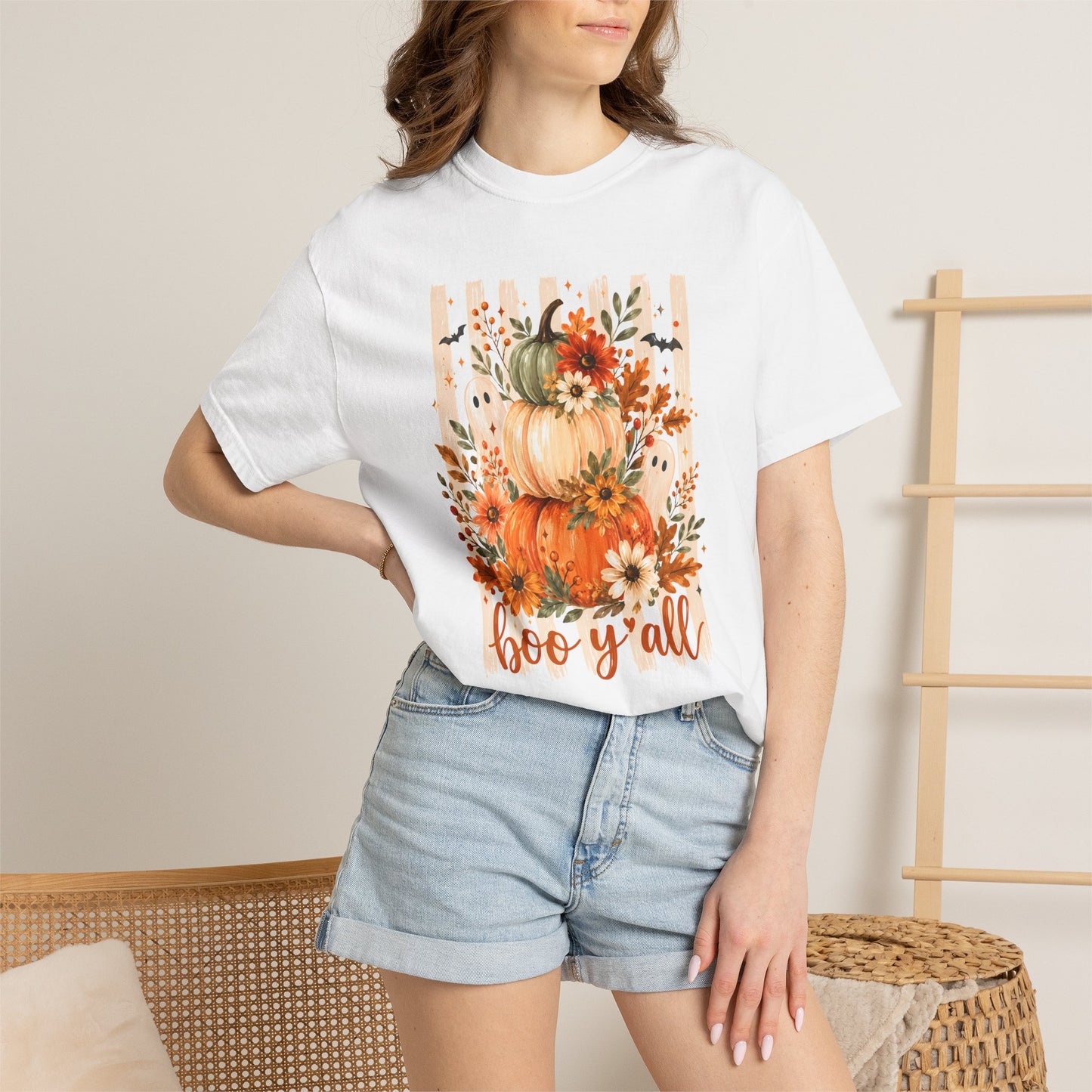 COMFORT COLORS - Pumpkin Stack 'Boo Y'all' Fall T-Shirt — Autumn Floral Halloween Tee