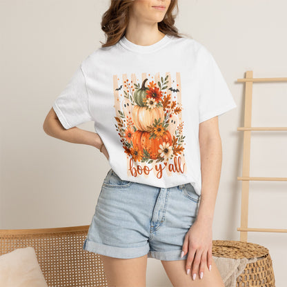 COMFORT COLORS - Pumpkin Stack 'Boo Y'all' Fall T-Shirt — Autumn Floral Halloween Tee