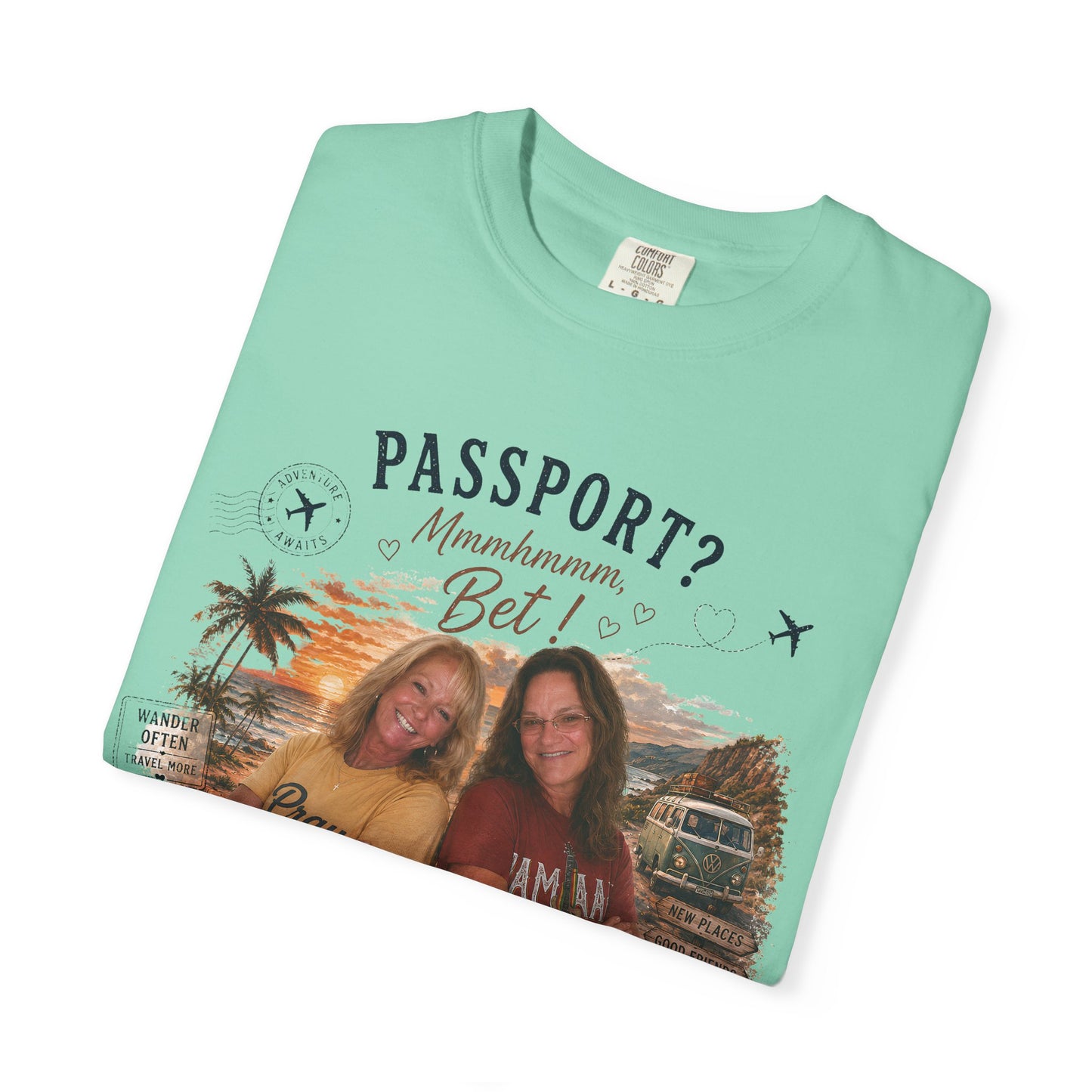 *** SPECIAL ORDER - RHONDA FREEMAN *** Travel Buddies T‑Shirt — "Passport? Maximum? Bet!" Retro Vacation Photo Tee
