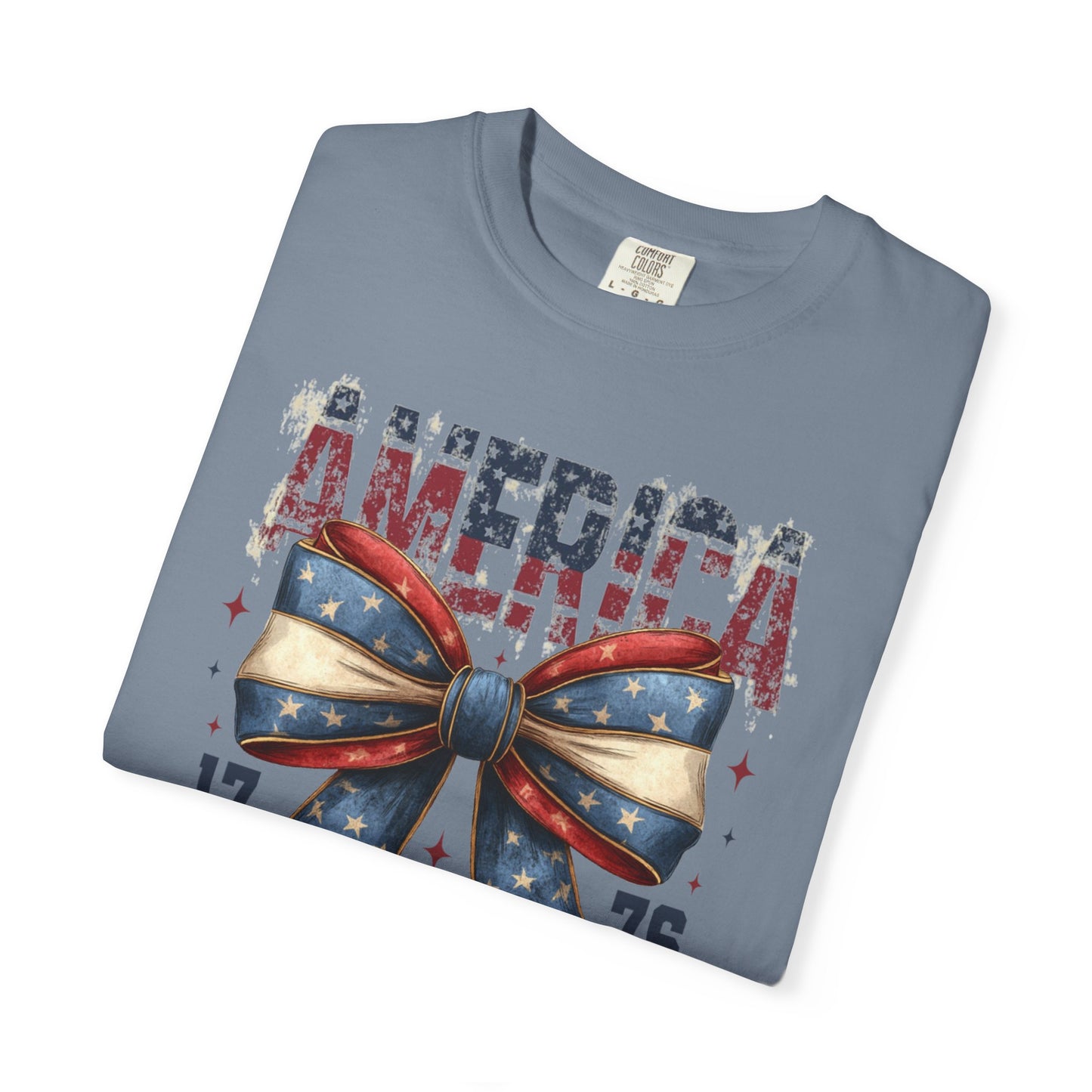 COMFORT OLORS - Patriotic America Bow T-Shirt — "America 1776 Land of the Free" Fourth of July Tee