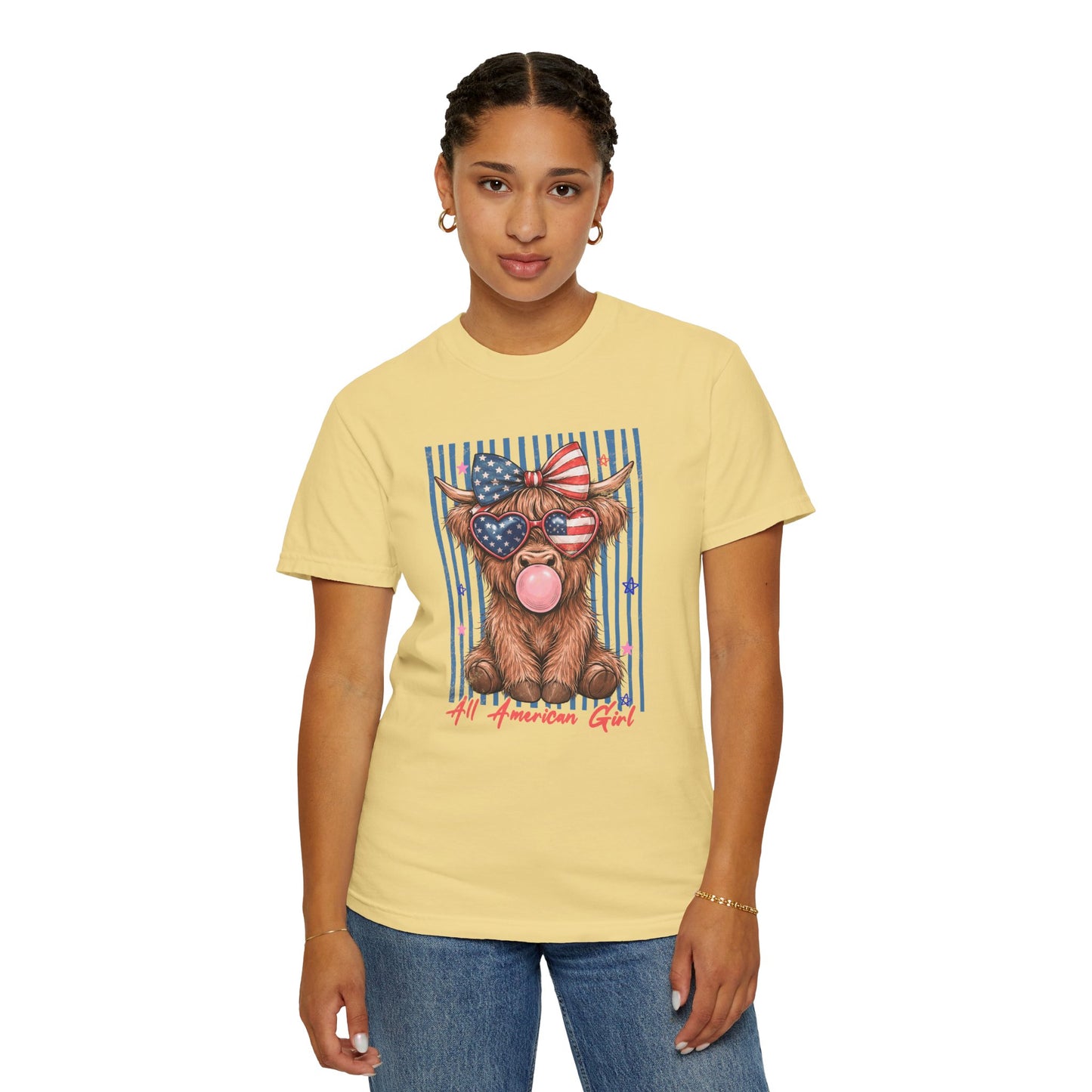 COMFORT COLORS - All American Girl T-Shirt — Patriotic Cow Pup Graphic Tee