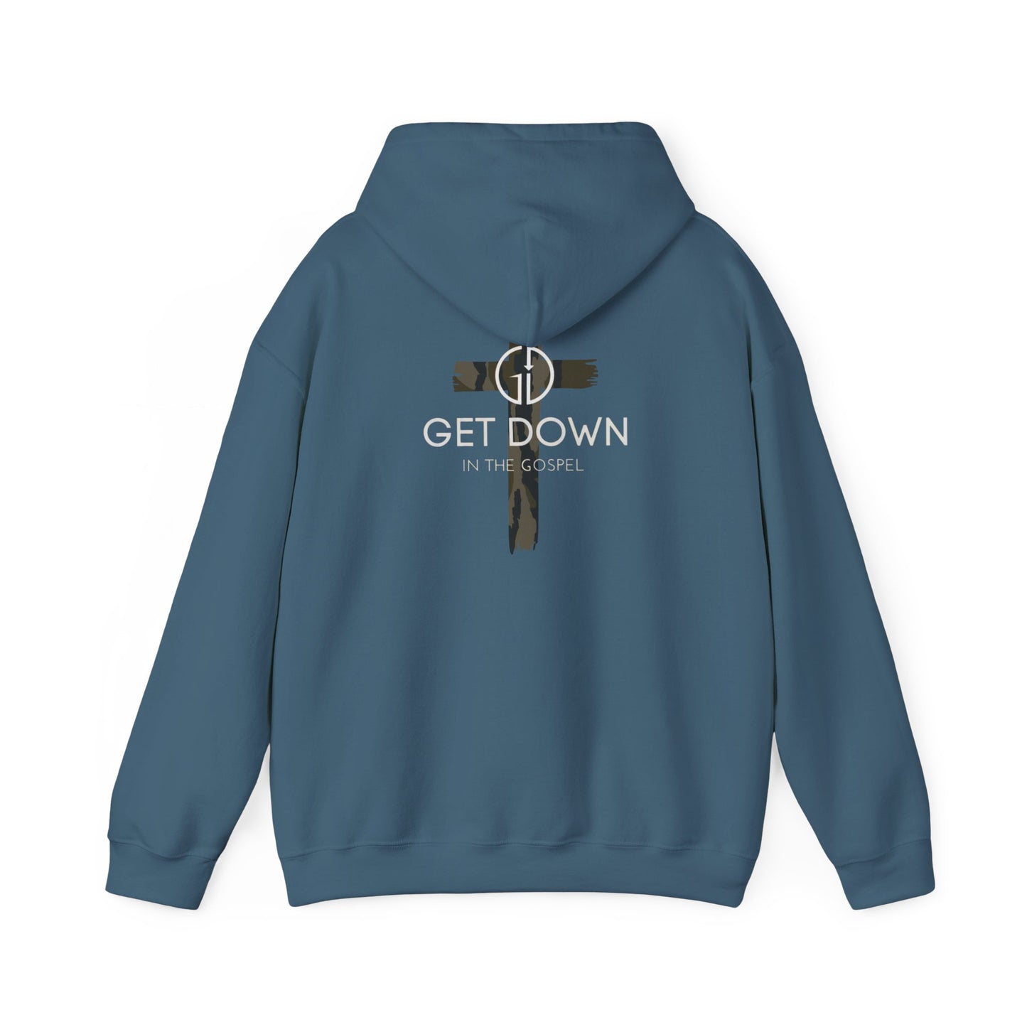 GET DOWN IN THE GOSPEL ADULT HOODIE GREEN CAMO CROSS