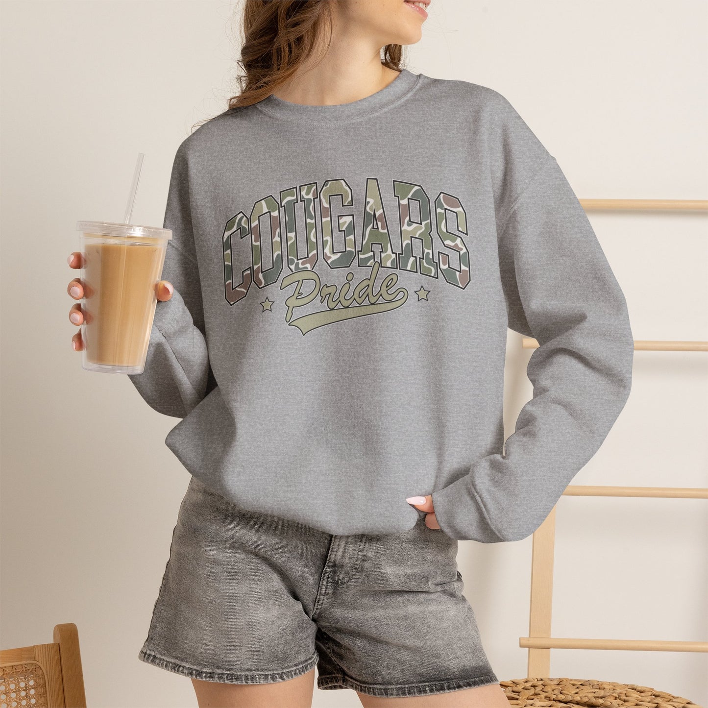 GILDAN - Cougars Pride Crewneck Sweatshirt — Vintage Camo School Spirit Pullover