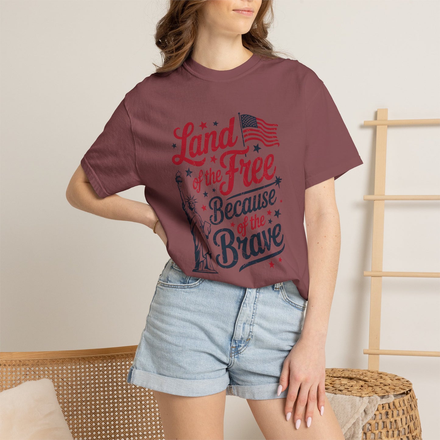 COMFORT COLORS - Land of the Free Because of the Brave T-Shirt — Patriotic Statue of Liberty Graphic Tee