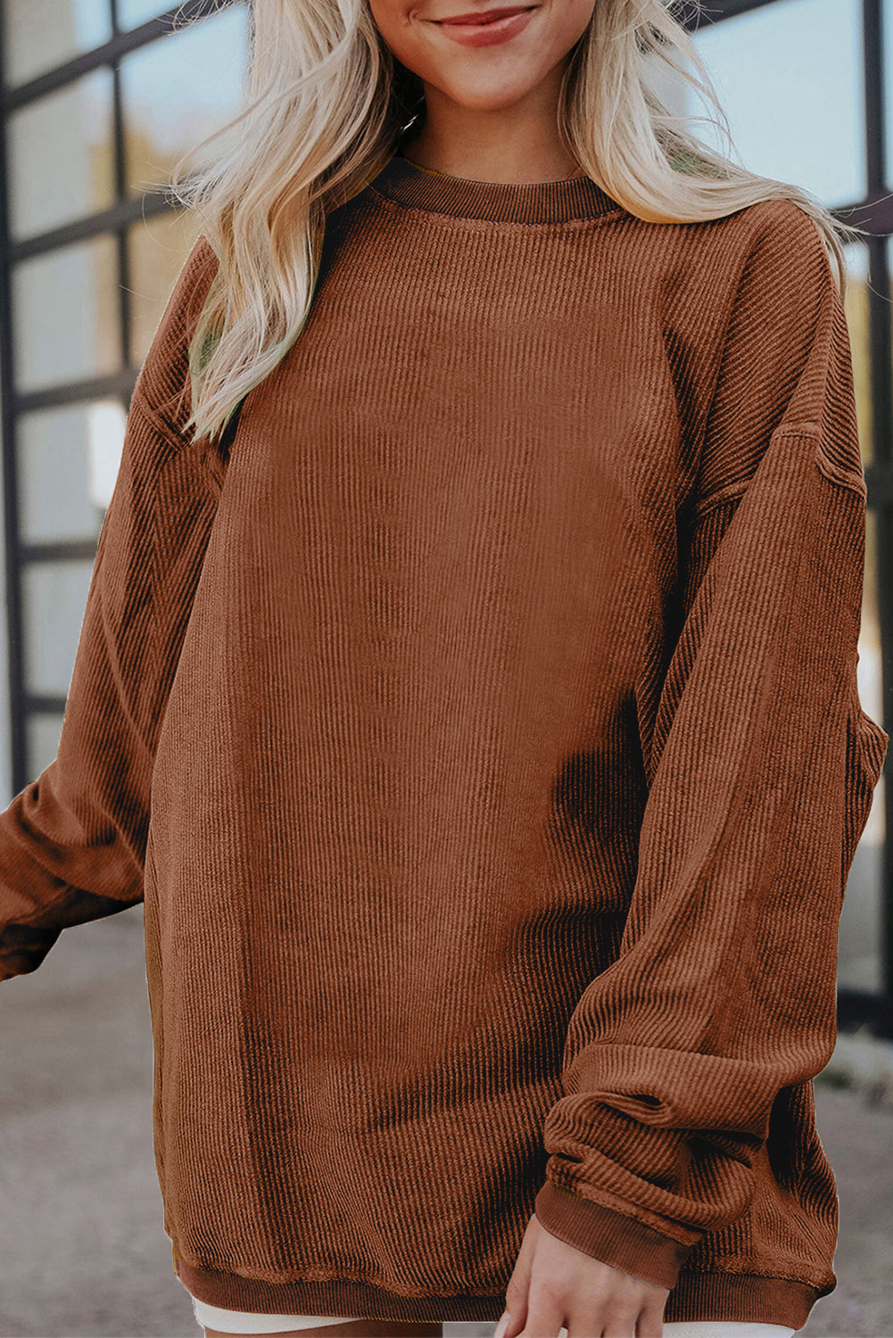 Strawberry Pink Ribbed Corduroy Oversized Sweatshirt