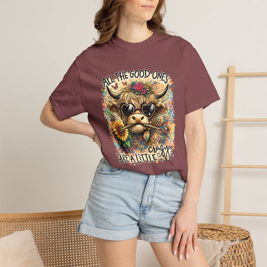 COMFORT COLORS - Cow Graphic T-Shirt — "All the Good Ones Are a Little Crazy" Floral Sunflower Design