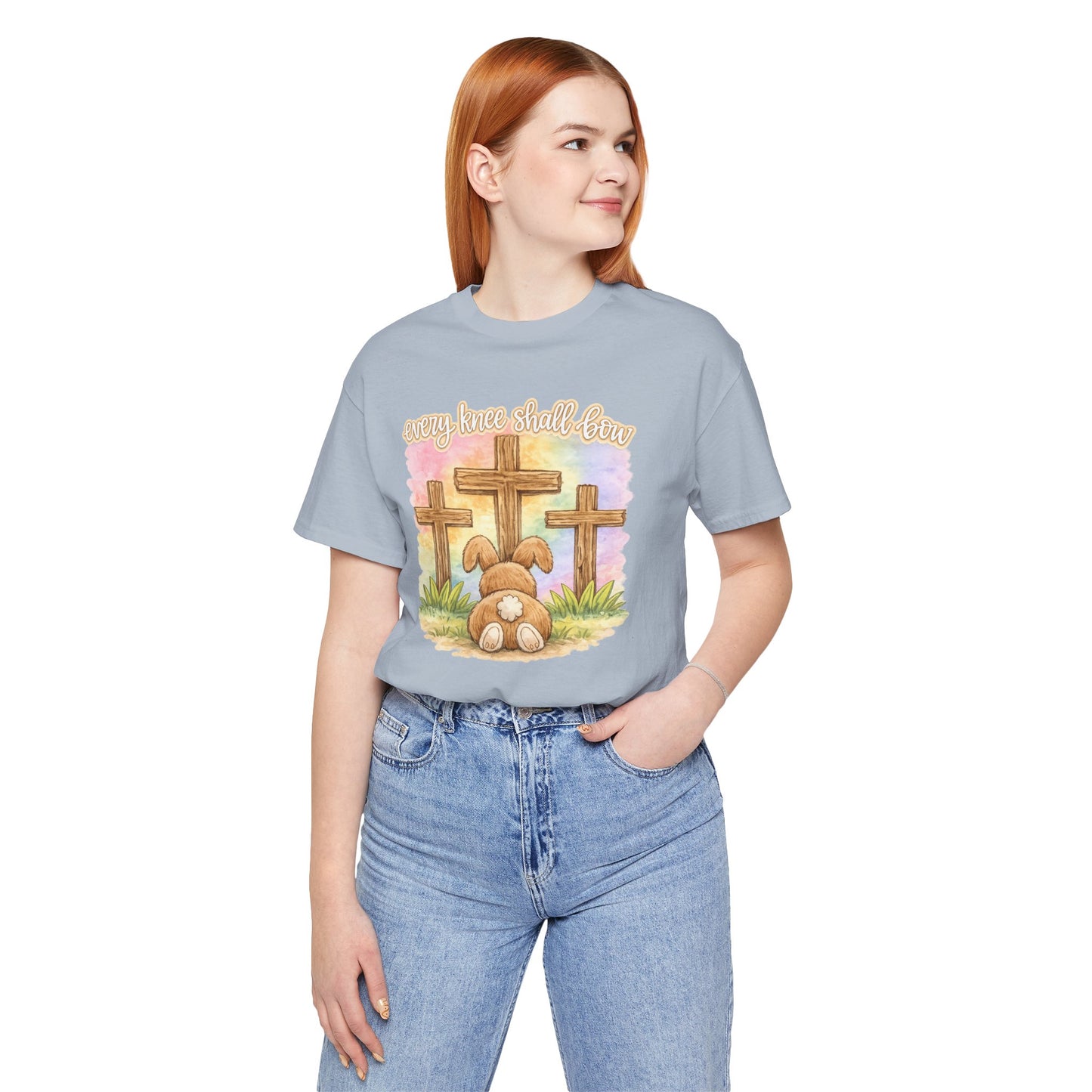 BELLA  CANVAS - Easter Bunny Kneeling at Crosses T‑Shirt — Christian Easter Faith Tee