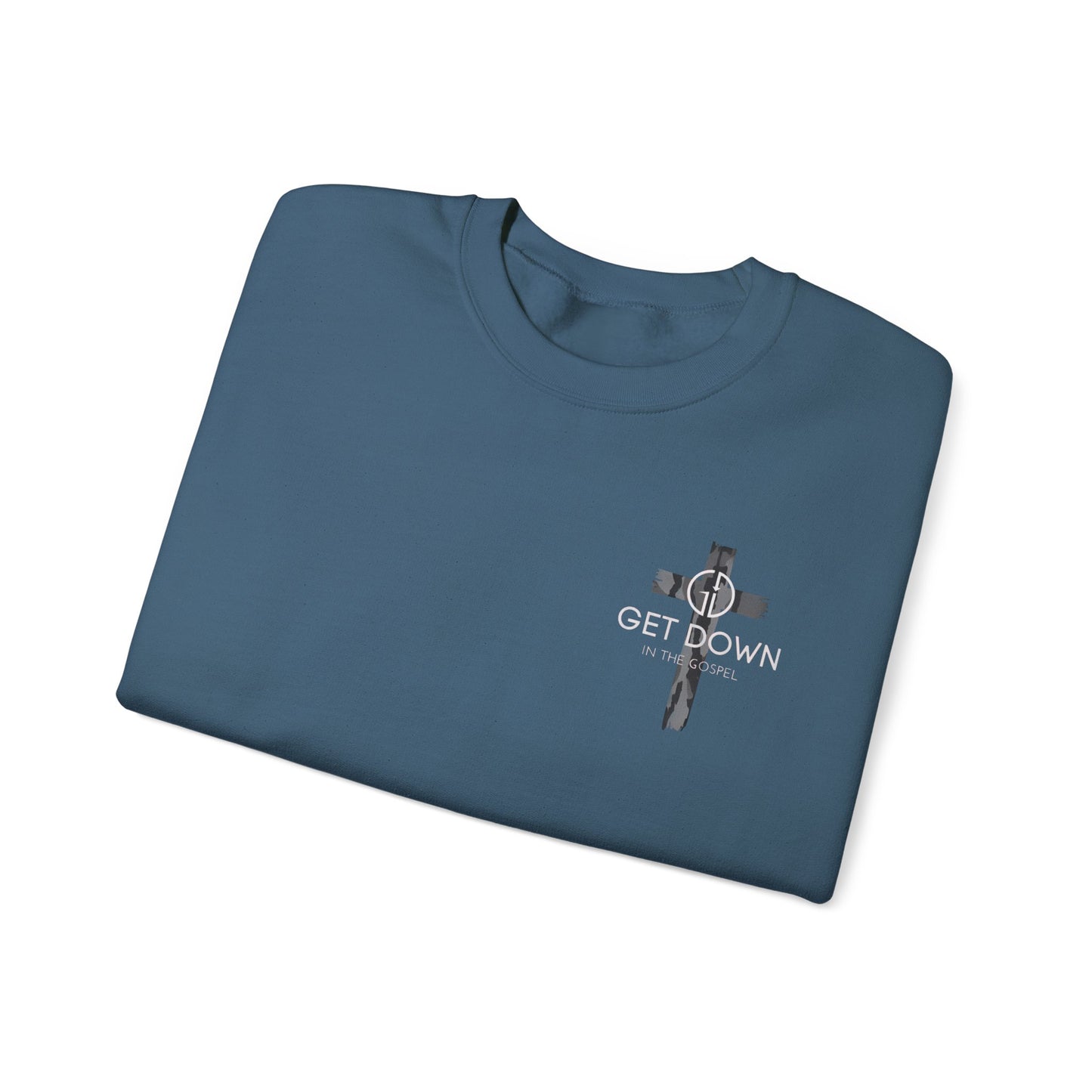 GILDAN - GET DOWN IN THE GOSPEL ADULT SWEATSHIRT GRAY CAMO CROSS