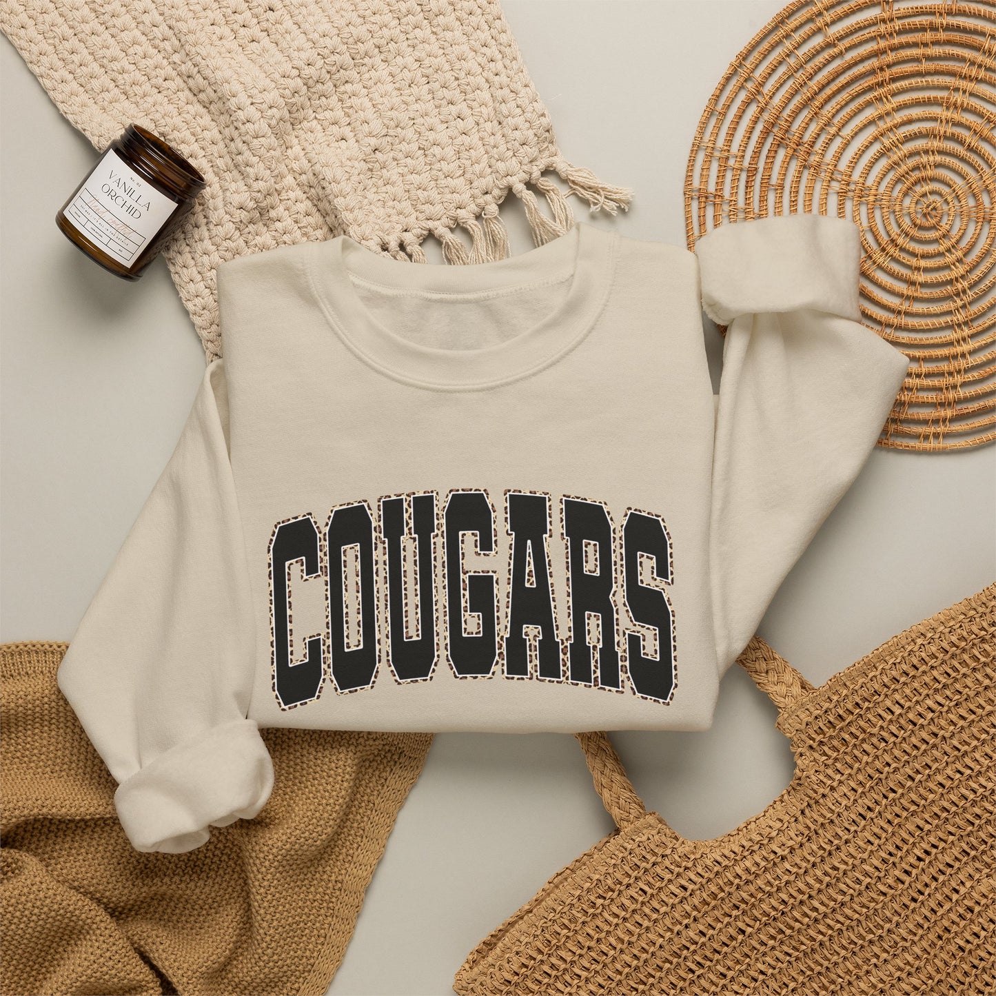 GILDAN - Cougars Crewneck Sweatshirt — BLACK LETTERS LEOPARD OUTLINE - Vintage Collegiate Team Pullover