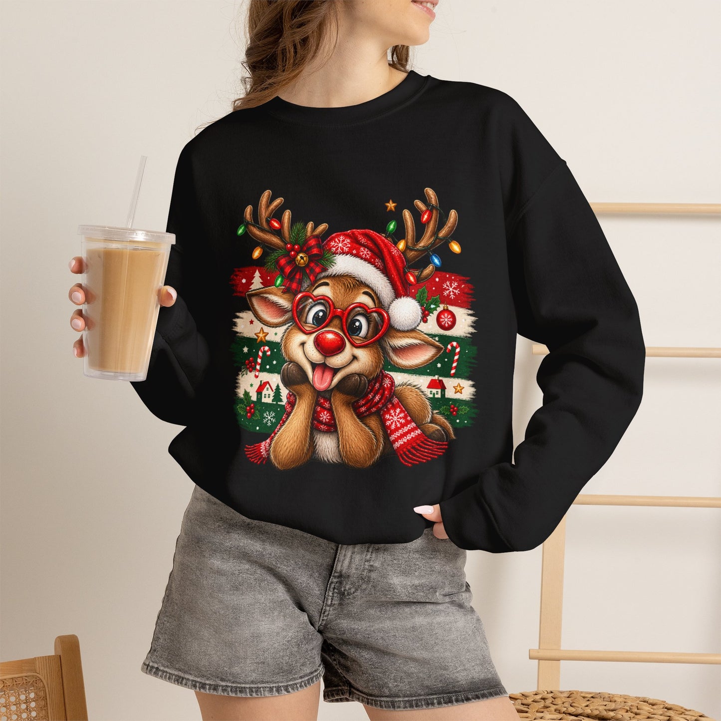 GILDAN - Cute Christmas Reindeer Crewneck Sweatshirt