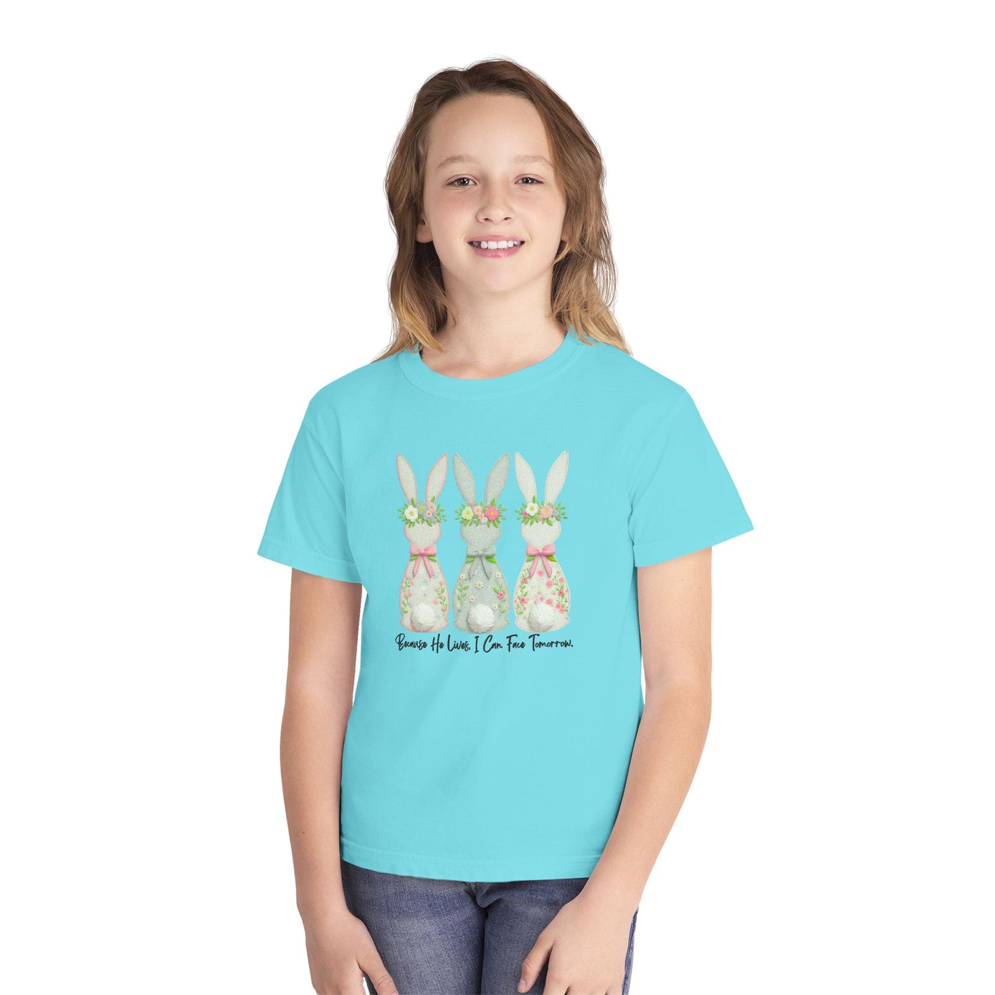 COMFORT COLORS - Easter Floral Bunny Youth Tee — 'Because He Lives'