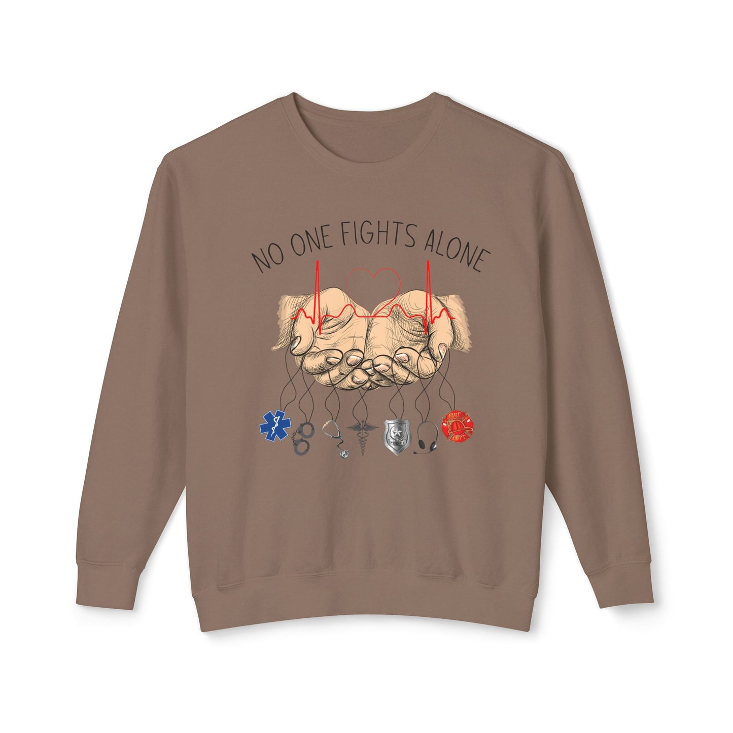 COMFORT COLORS -Crewneck Sweatshirt — "No One Fights Alone" Hands & Medical Symbols Support Pullover