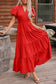Bright Green Solid Color V Neck Short Puff Sleeve High Waist Tiered Maxi Dress