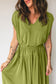 Fern Green Solid V Neck Cap Sleeve Tunic Elastic Waist Versatile Maxi Dress