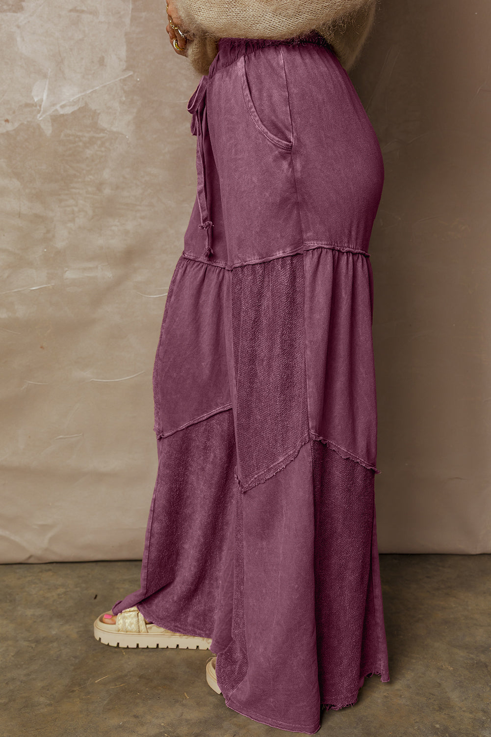 Vineyard Green Mineral Wash Tiered Wide Leg Patchwork Drawstring Pants