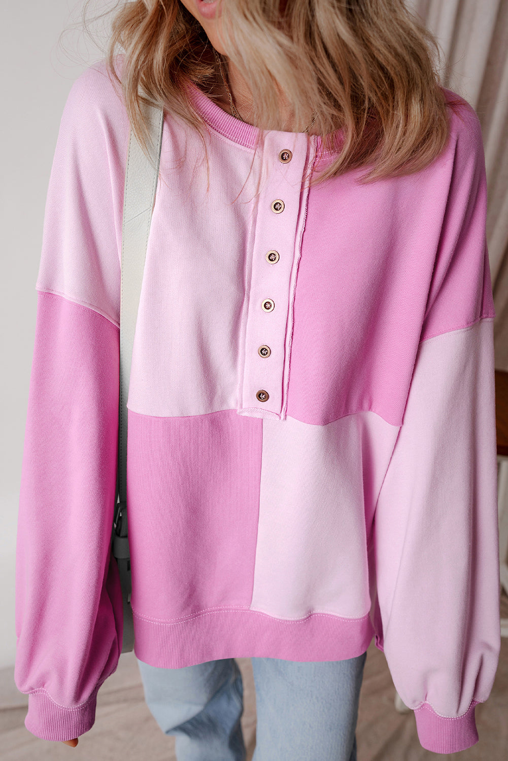 Grass Green Colorblock Henley High Low Oversize Sweatshirt