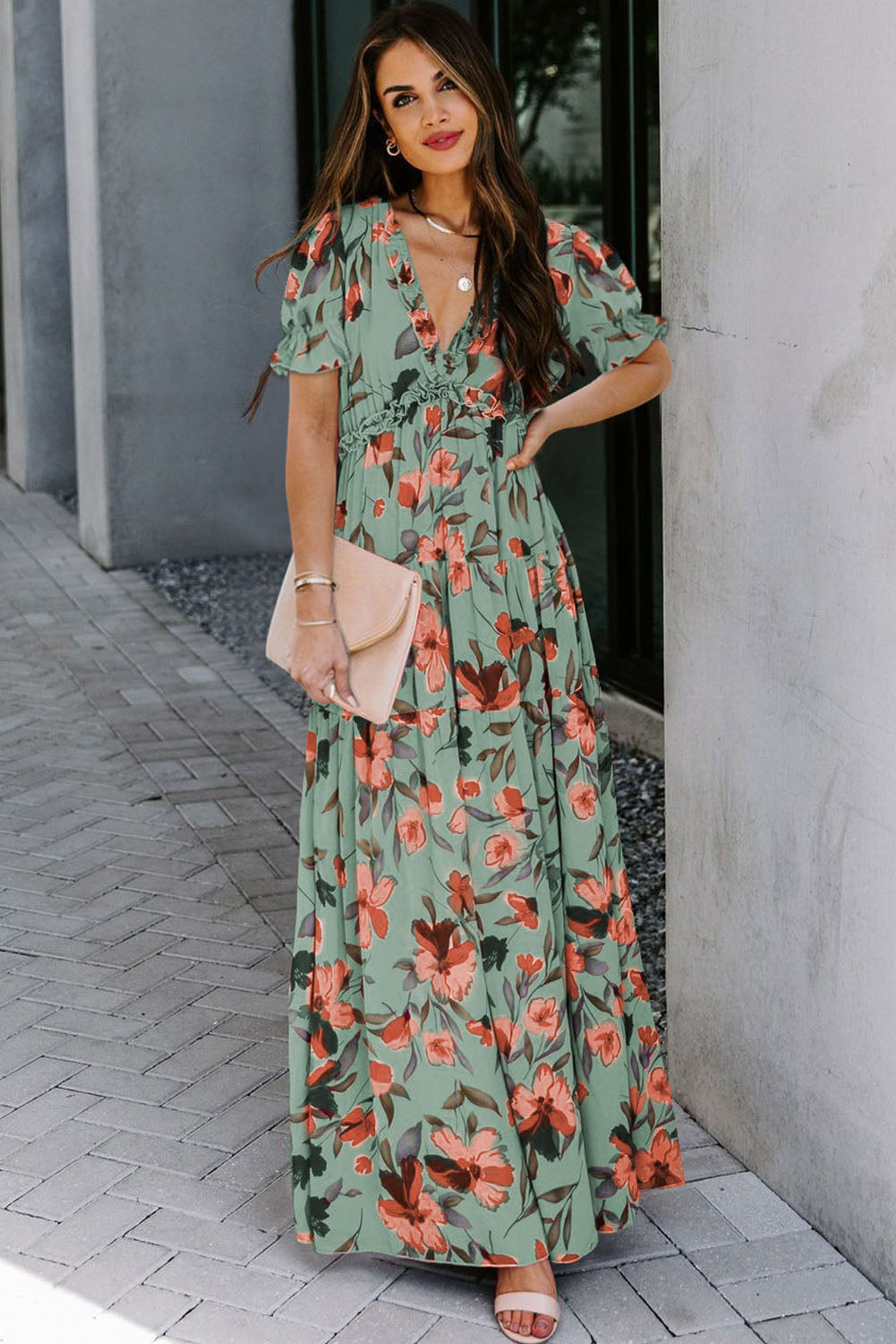 Multicolor Fiery Floral Print Frilled V Neck Short Sleeve Maxi Dress