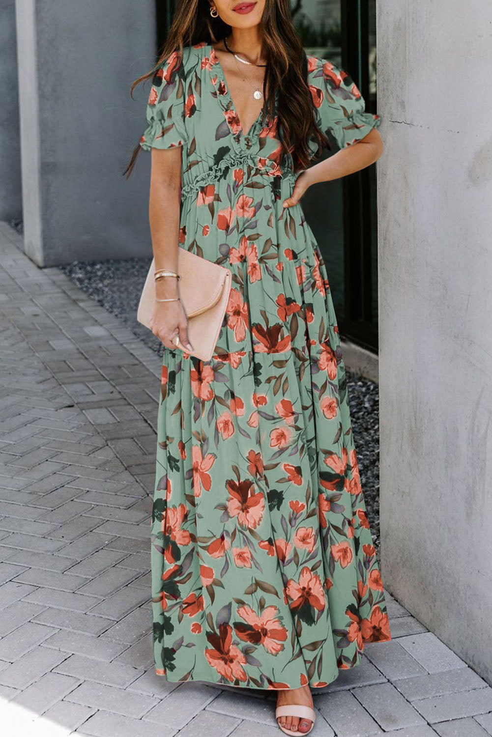 Multicolor Fiery Floral Print Frilled V Neck Short Sleeve Maxi Dress