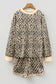 Brown Leopard Print Contrast Trim Long Sleeve Pullover Drawstring Shorts 2pcs Outfit