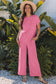 Bright Green Solid Corded Knit Short Sleeve T Shirt and Wide Leg Pants Set