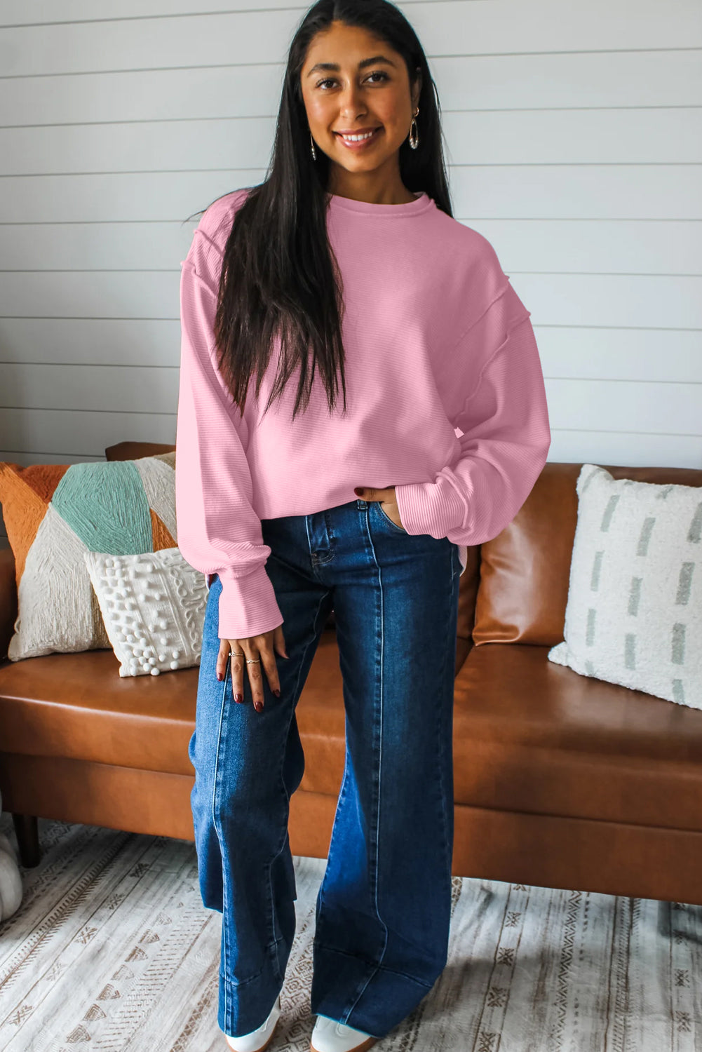 Lavendula Horizontal Ribbed Exposed Seam Detail Drop Shoulder Baggy Pullover